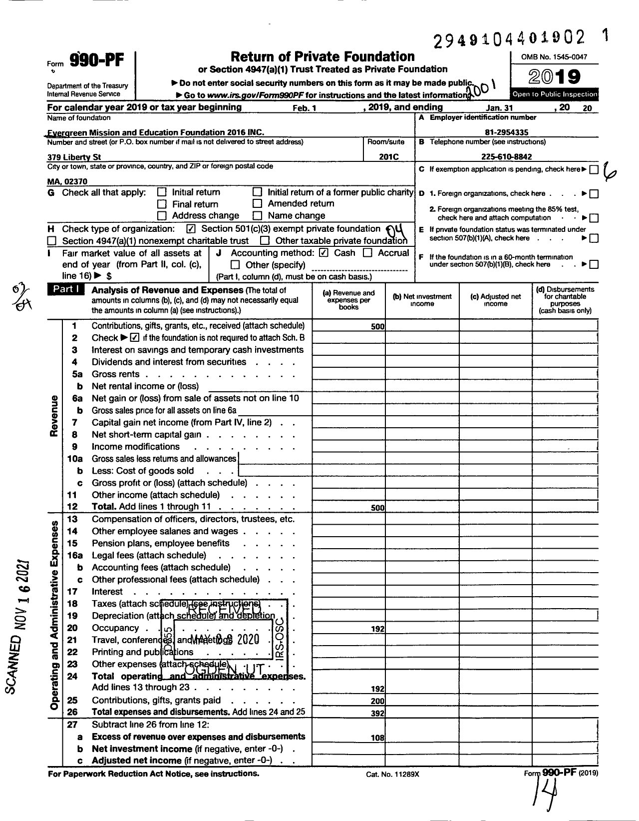 Image of first page of 2019 Form 990PF for Evergreen Mission and Education Foundation 2016