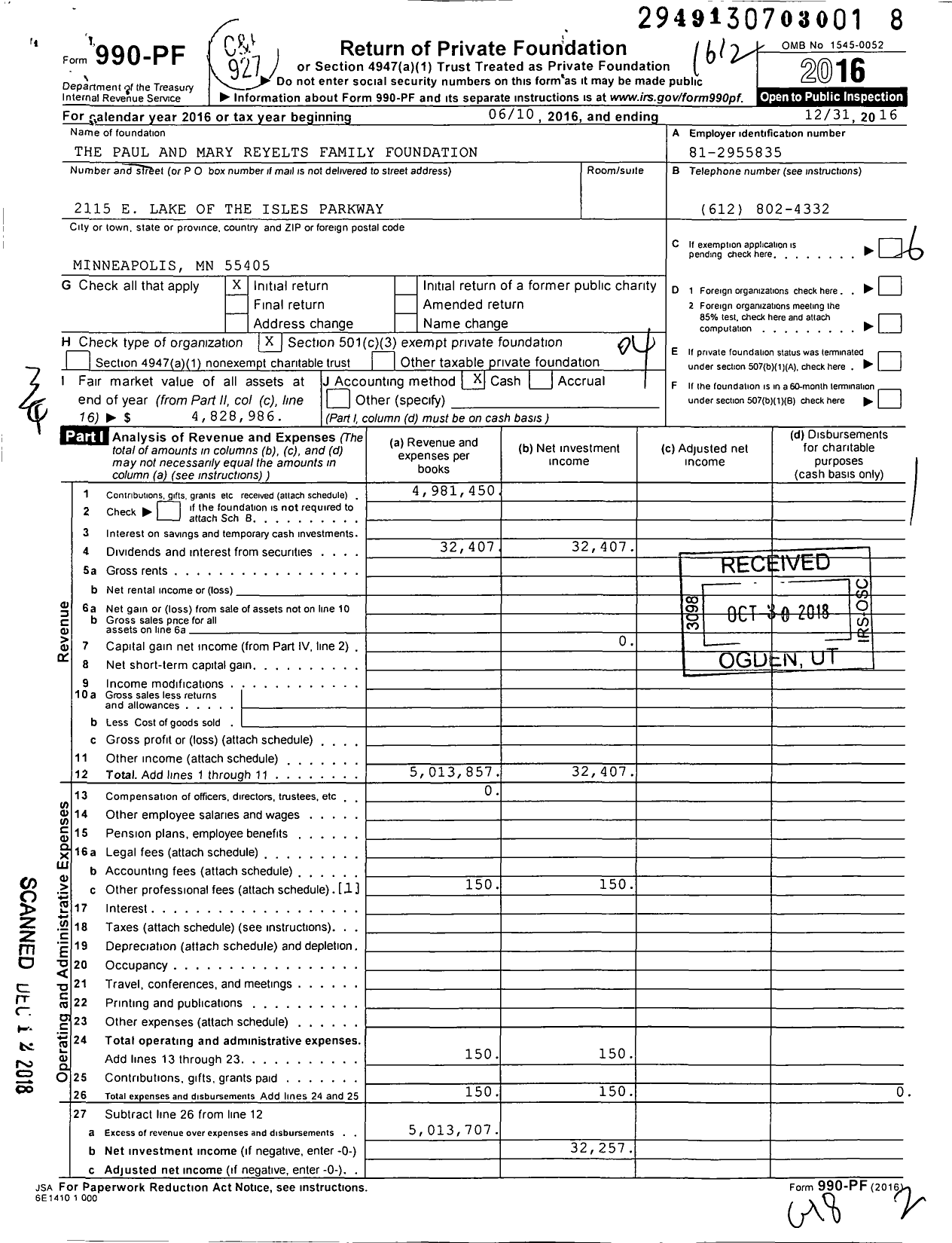 Image of first page of 2016 Form 990PF for The Paul and Mary Reyelts Family Foundation