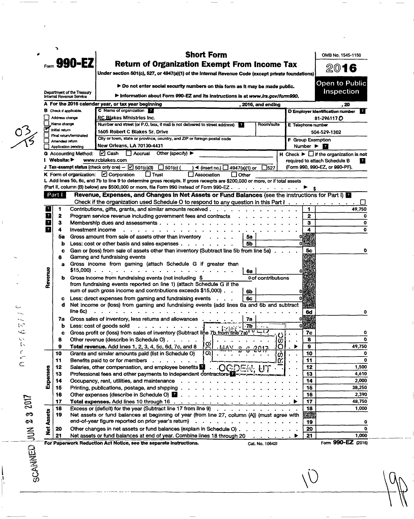 Image of first page of 2016 Form 990EZ for R C Blakes Ministries Incorporated