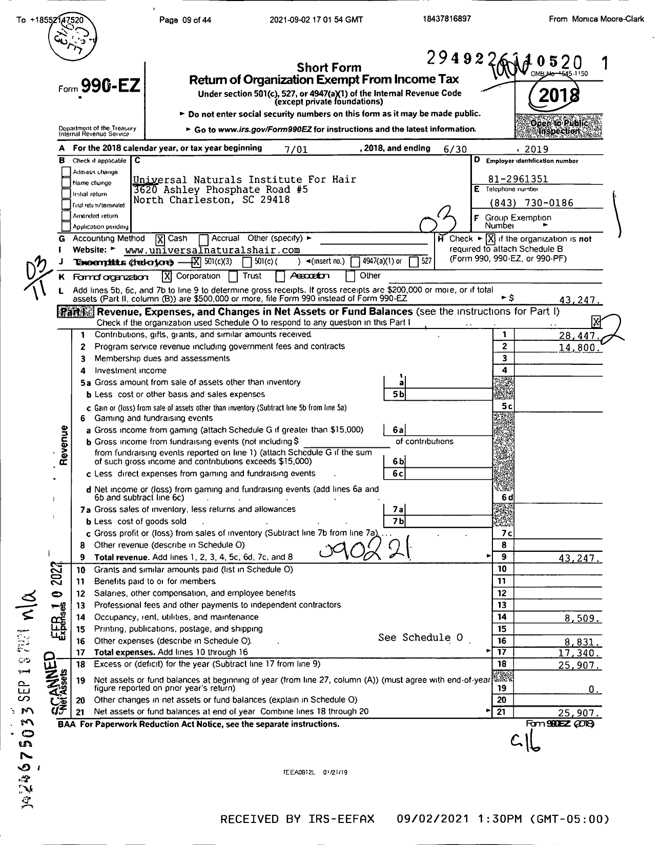 Image of first page of 2018 Form 990EZ for Universal Naturals Institute for Hair