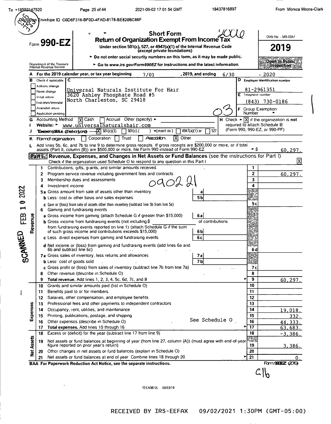 Image of first page of 2019 Form 990EZ for Universal Naturals Institute for Hair