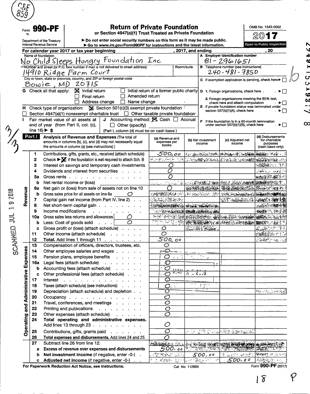Image of first page of 2017 Form 990PF for No Child Sleeps Hungry Foundation