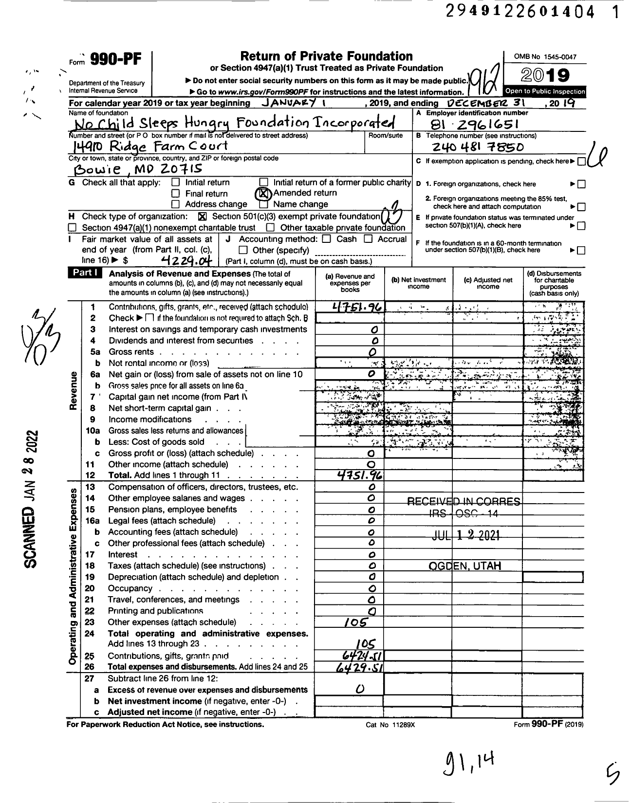 Image of first page of 2019 Form 990PF for No Child Sleeps Hungry Foundation