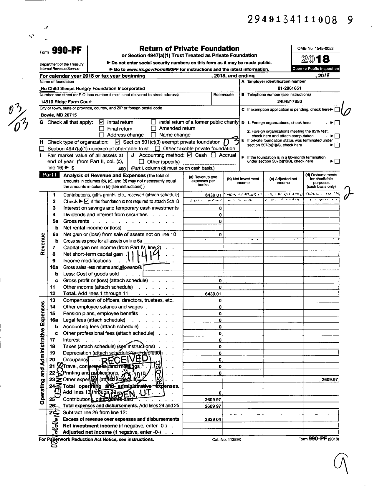 Image of first page of 2018 Form 990PF for No Child Sleeps Hungry Foundation