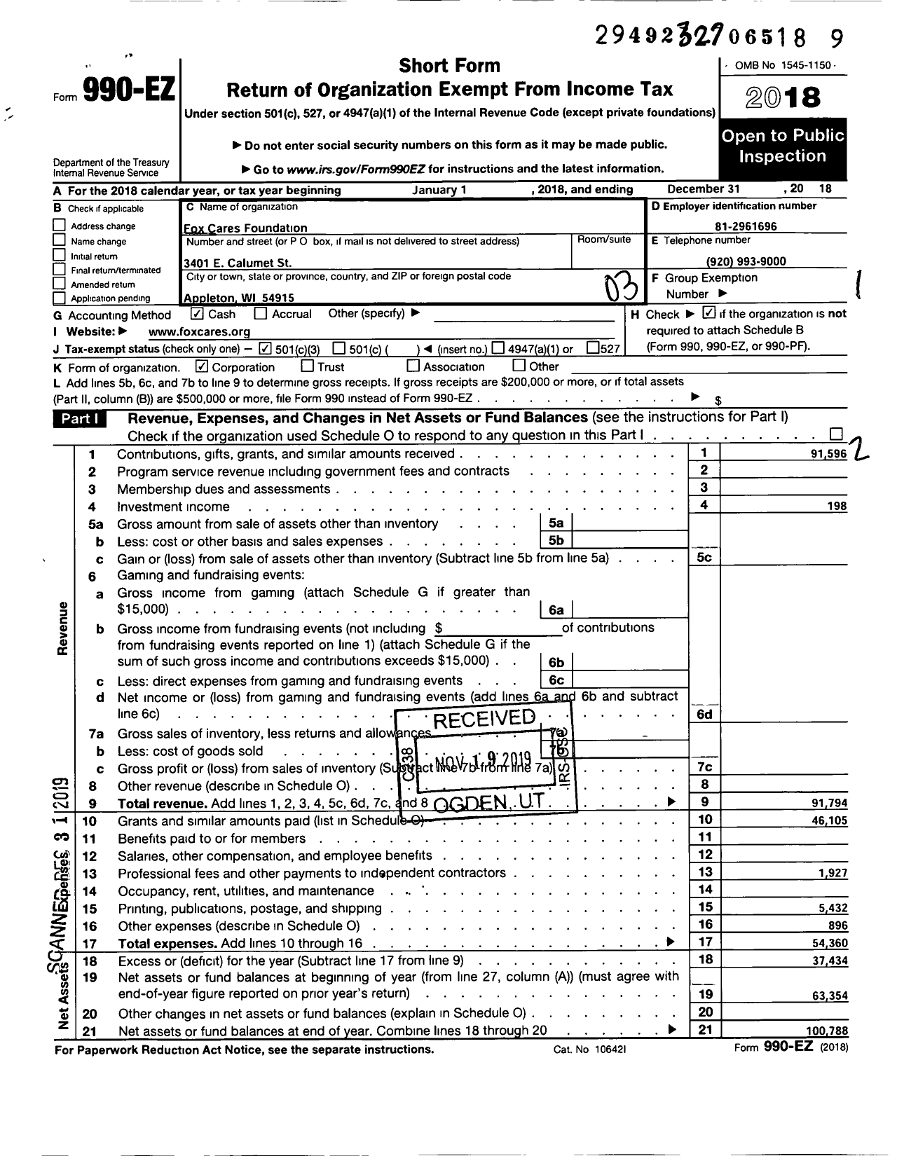 Image of first page of 2018 Form 990EZ for Fox Cares Foundation