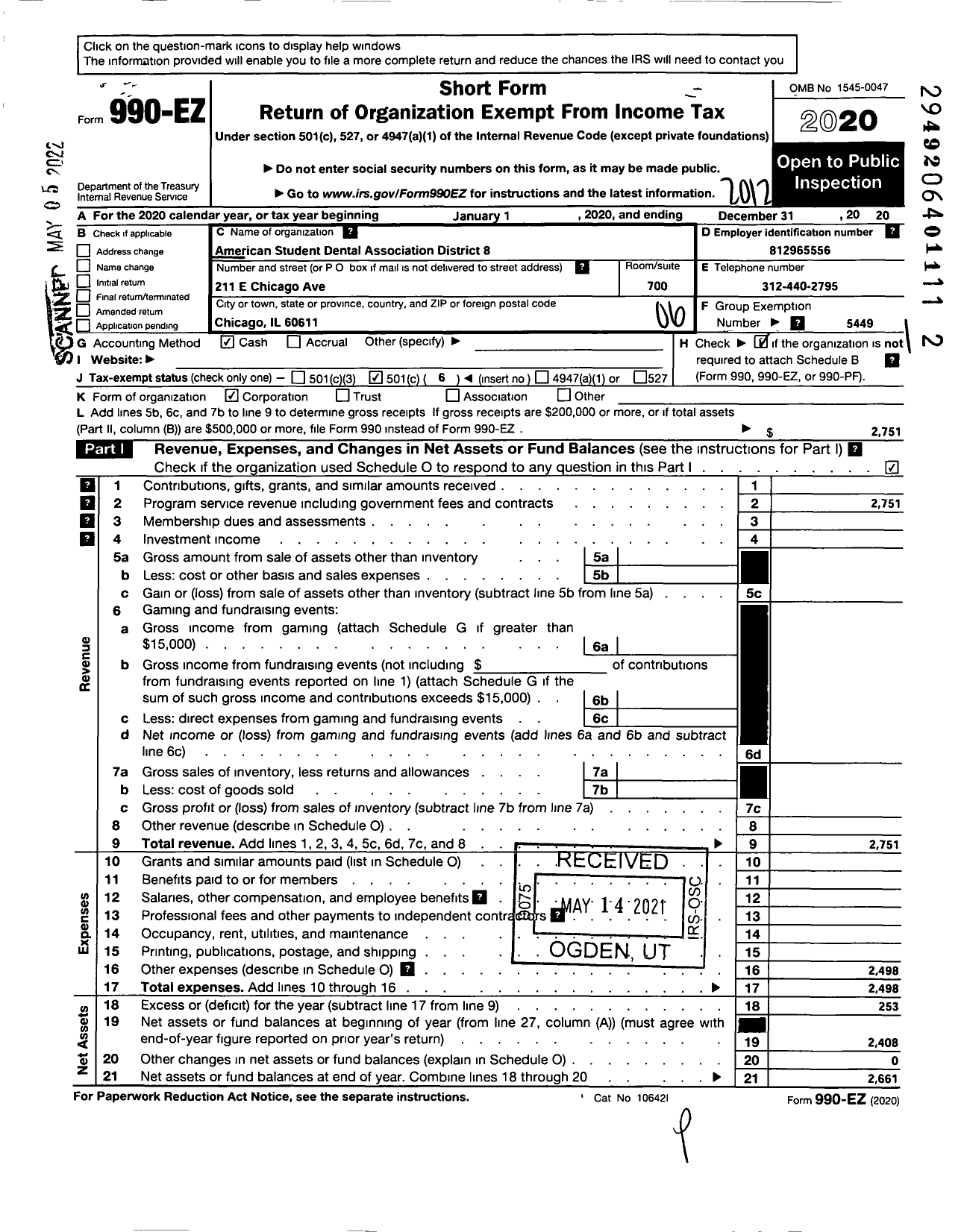 Image of first page of 2020 Form 990EO for AMERICAN STUDENT DENTAL ASSOCIATION - 8 District