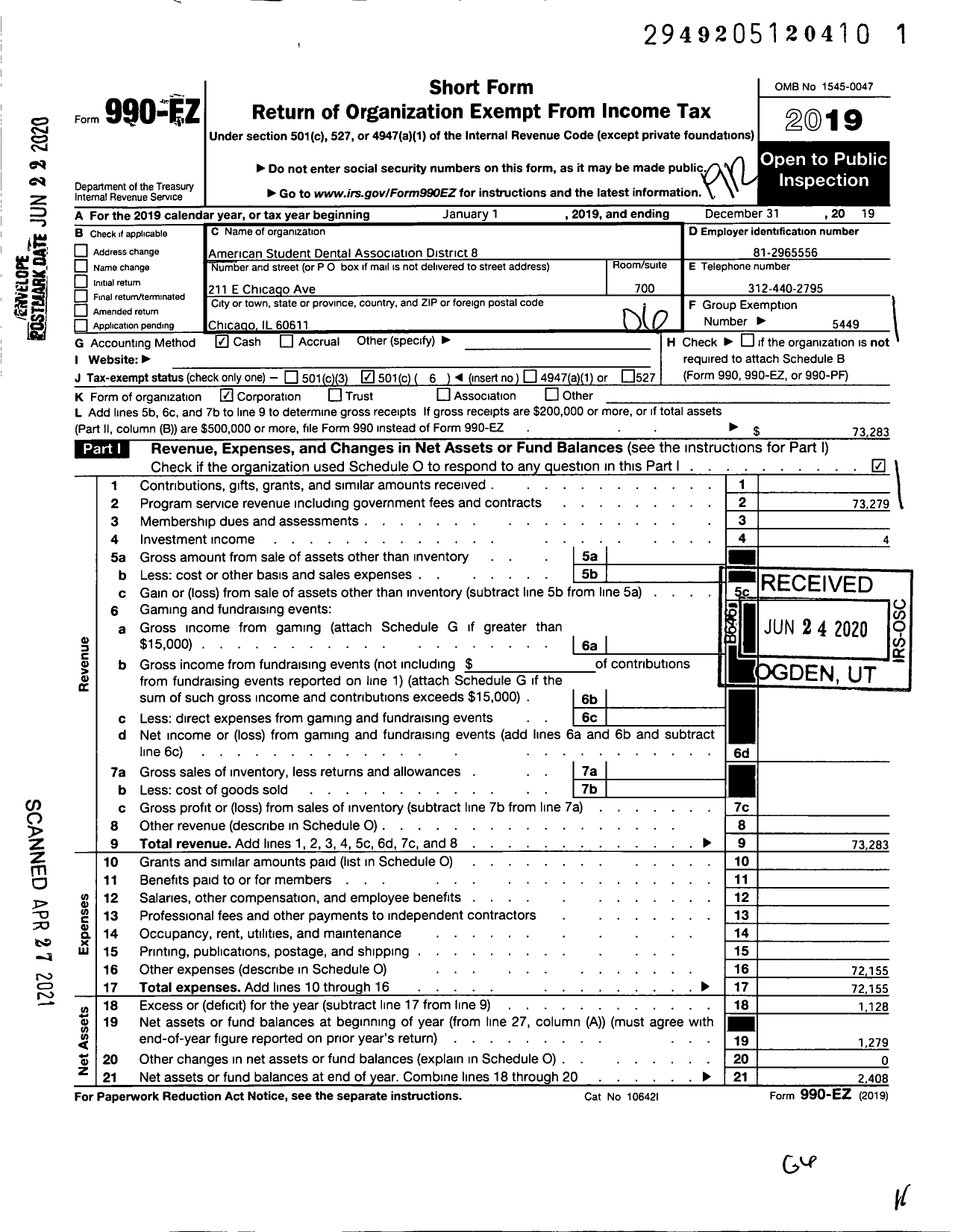 Image of first page of 2019 Form 990EO for AMERICAN STUDENT DENTAL ASSOCIATION - 8 District