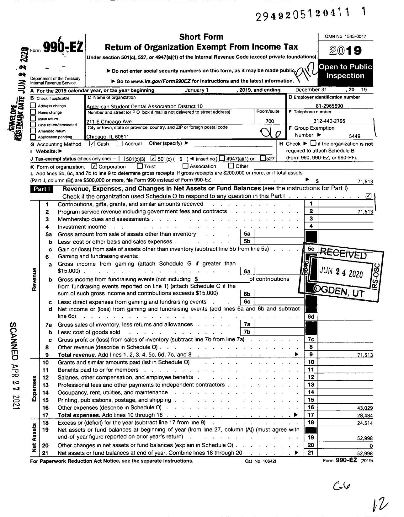 Image of first page of 2019 Form 990EO for AMERICAN STUDENT DENTAL ASSOCIATION - 10 District