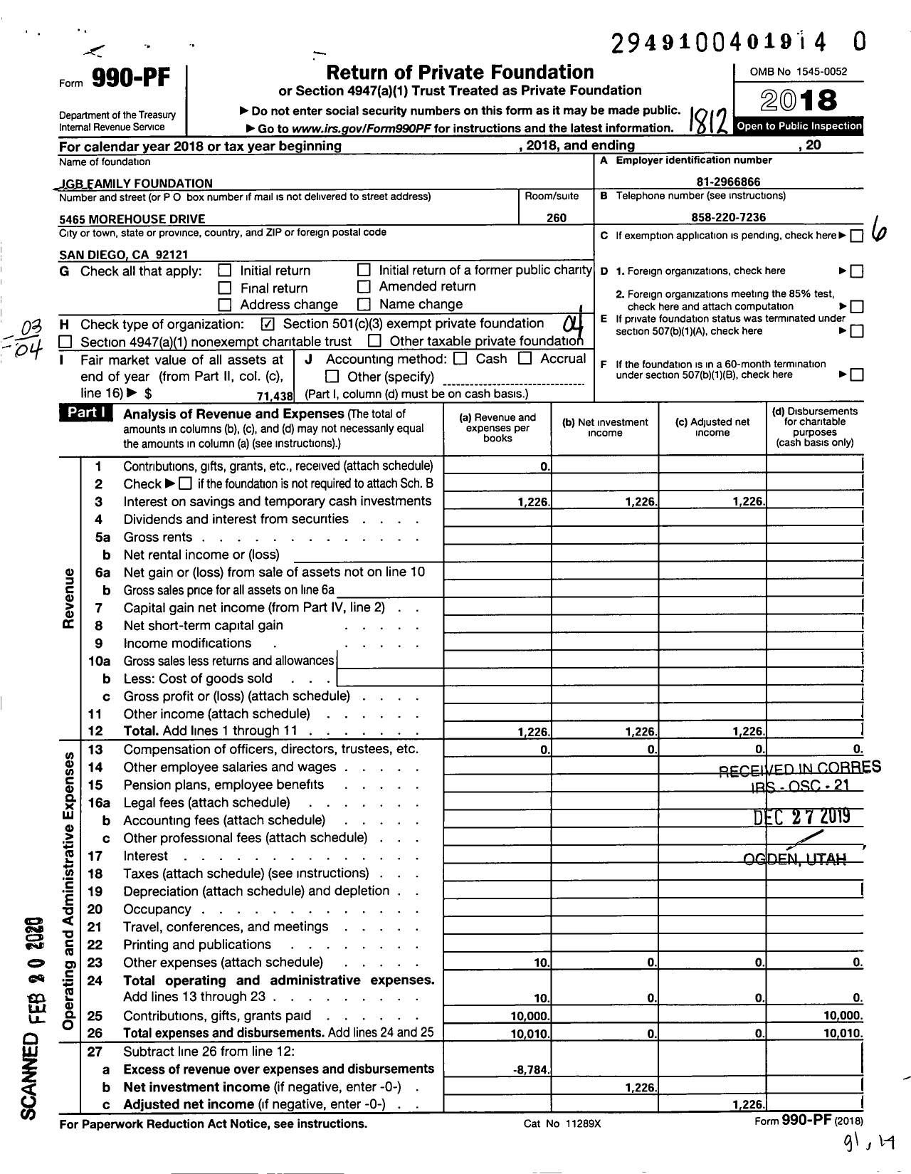 Image of first page of 2018 Form 990PF for JGB Family Foundation