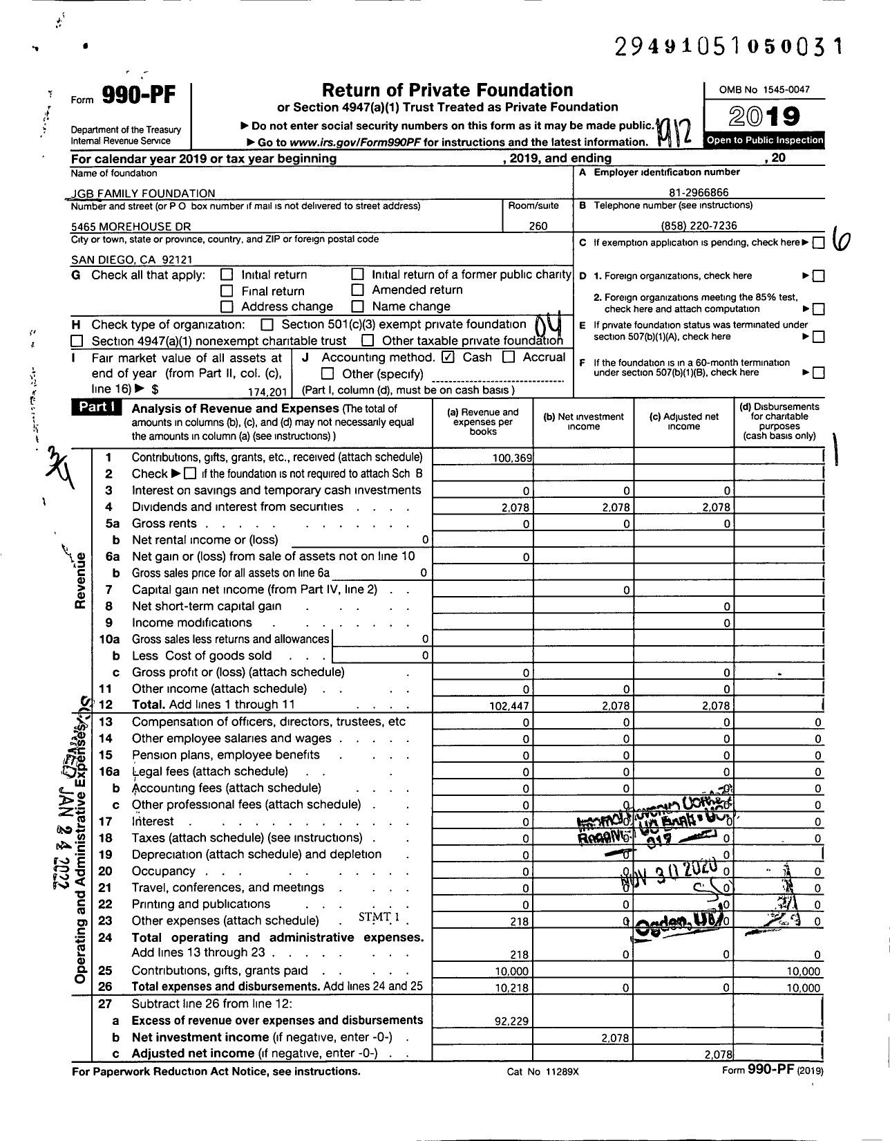 Image of first page of 2019 Form 990PF for JGB Family Foundation