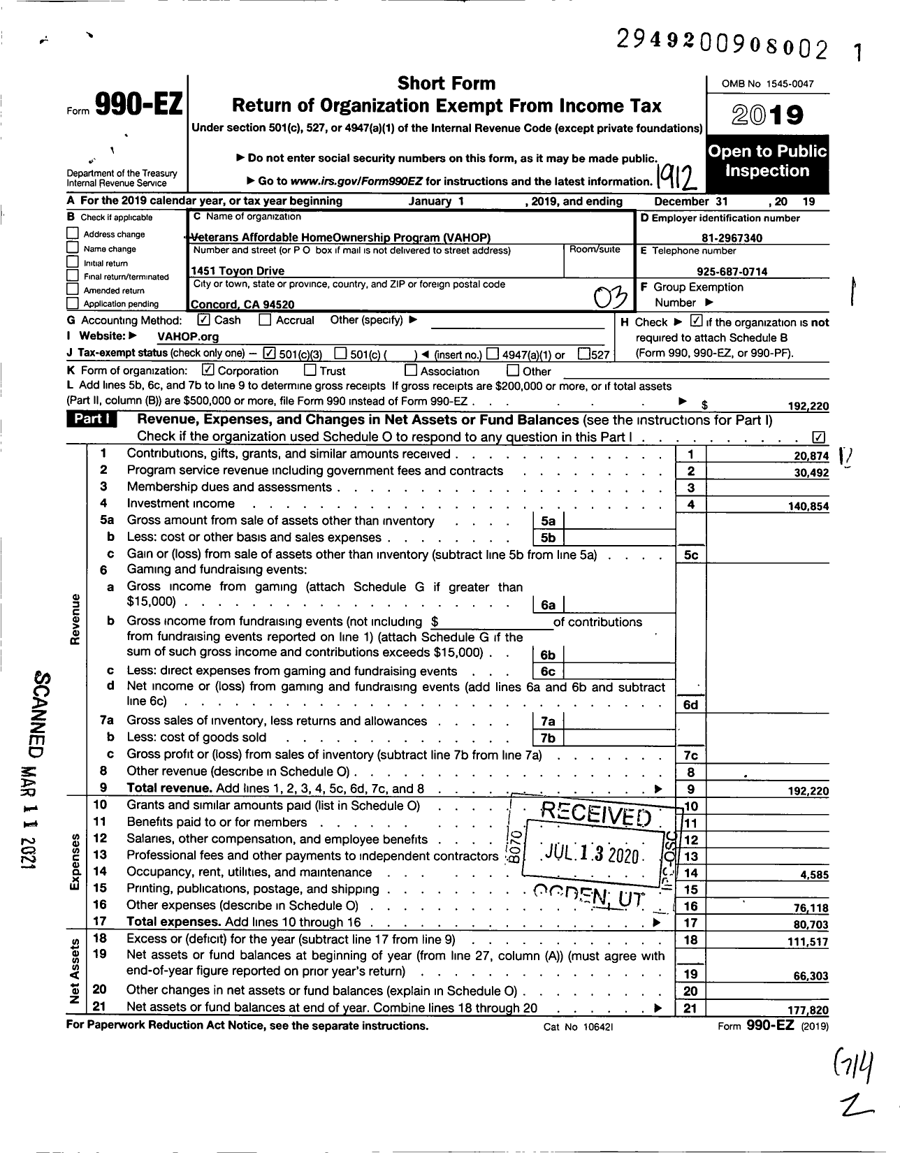 Image of first page of 2019 Form 990EZ for Veterans Affordable Homeownership Program (VAHOP)