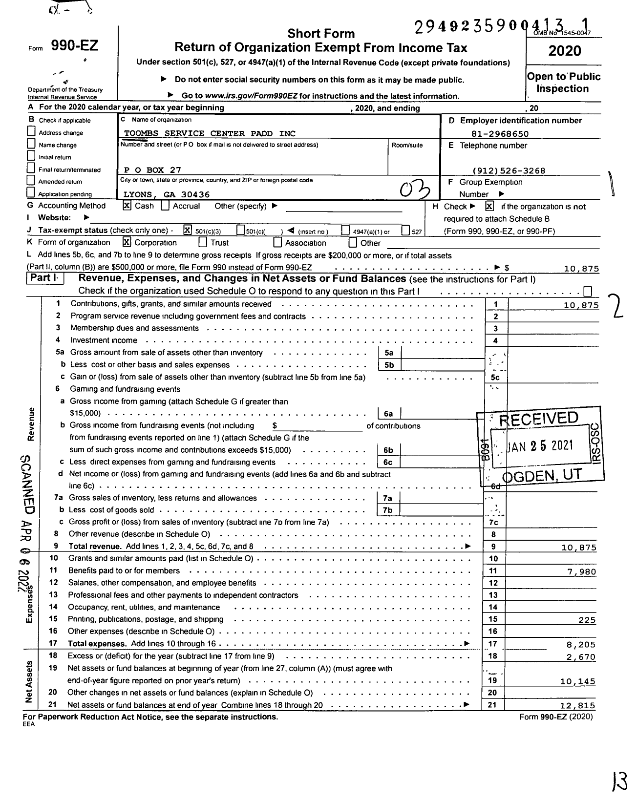 Image of first page of 2020 Form 990EZ for Toombs Service Center Padd