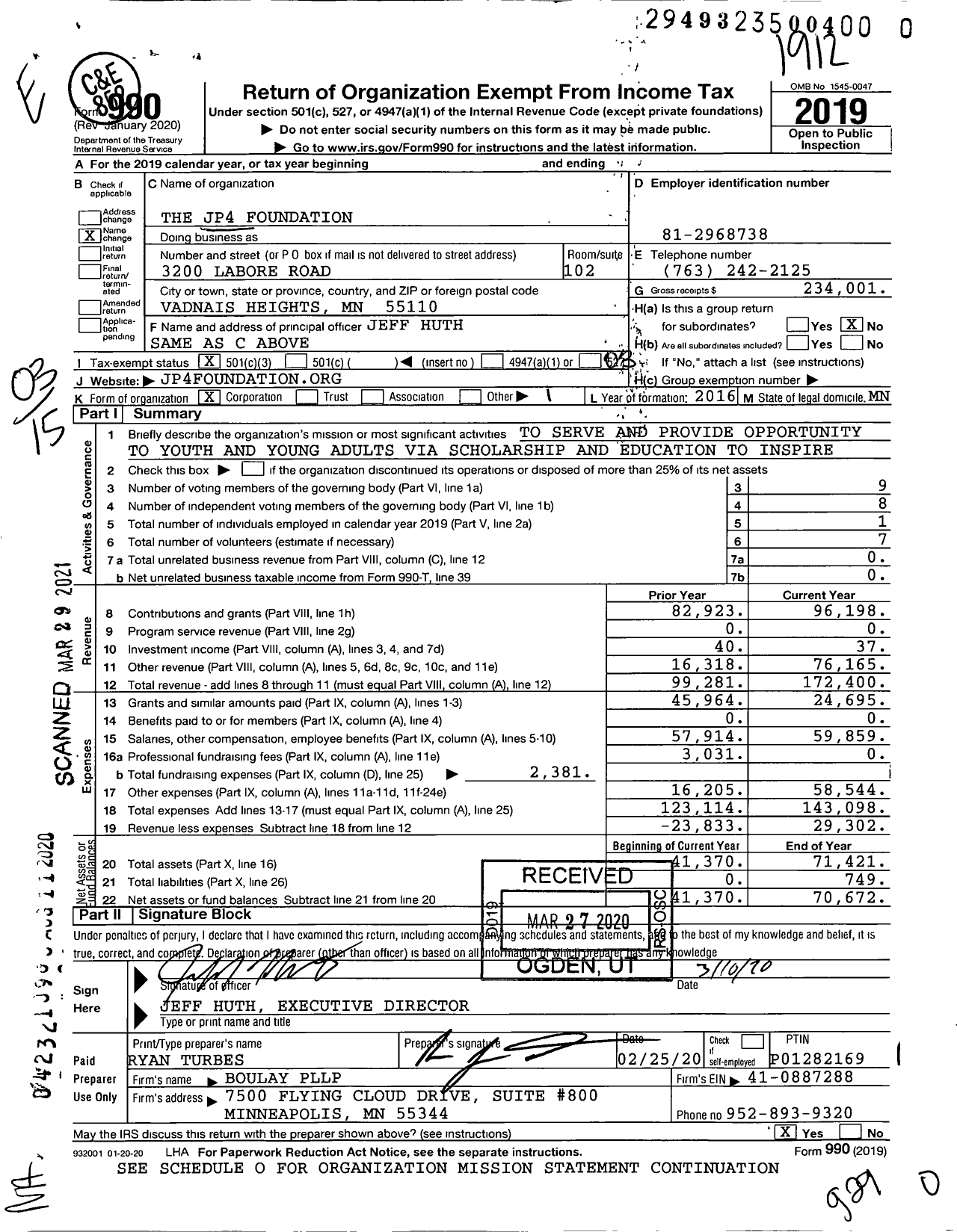 Image of first page of 2019 Form 990 for JP4 Foundation