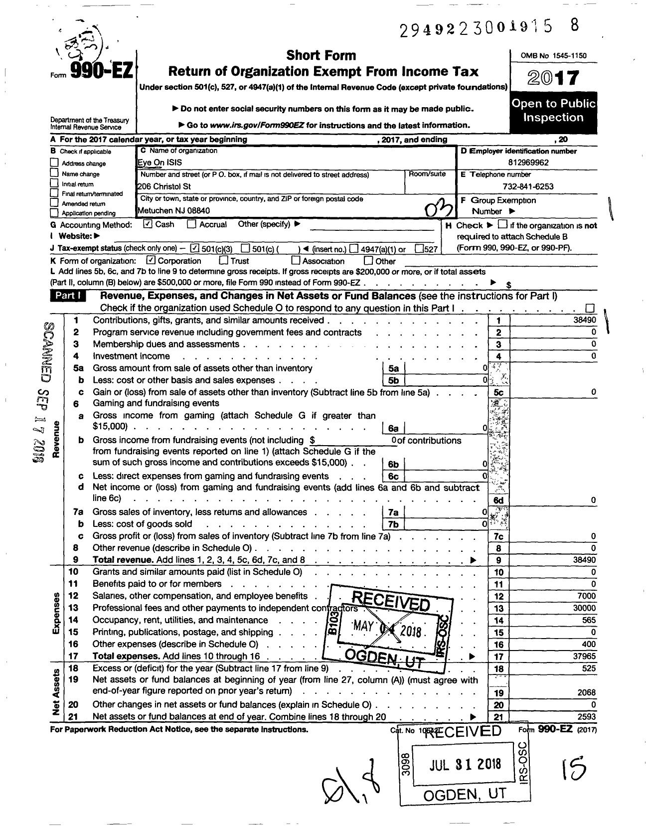 Image of first page of 2017 Form 990EZ for Eye on Isis