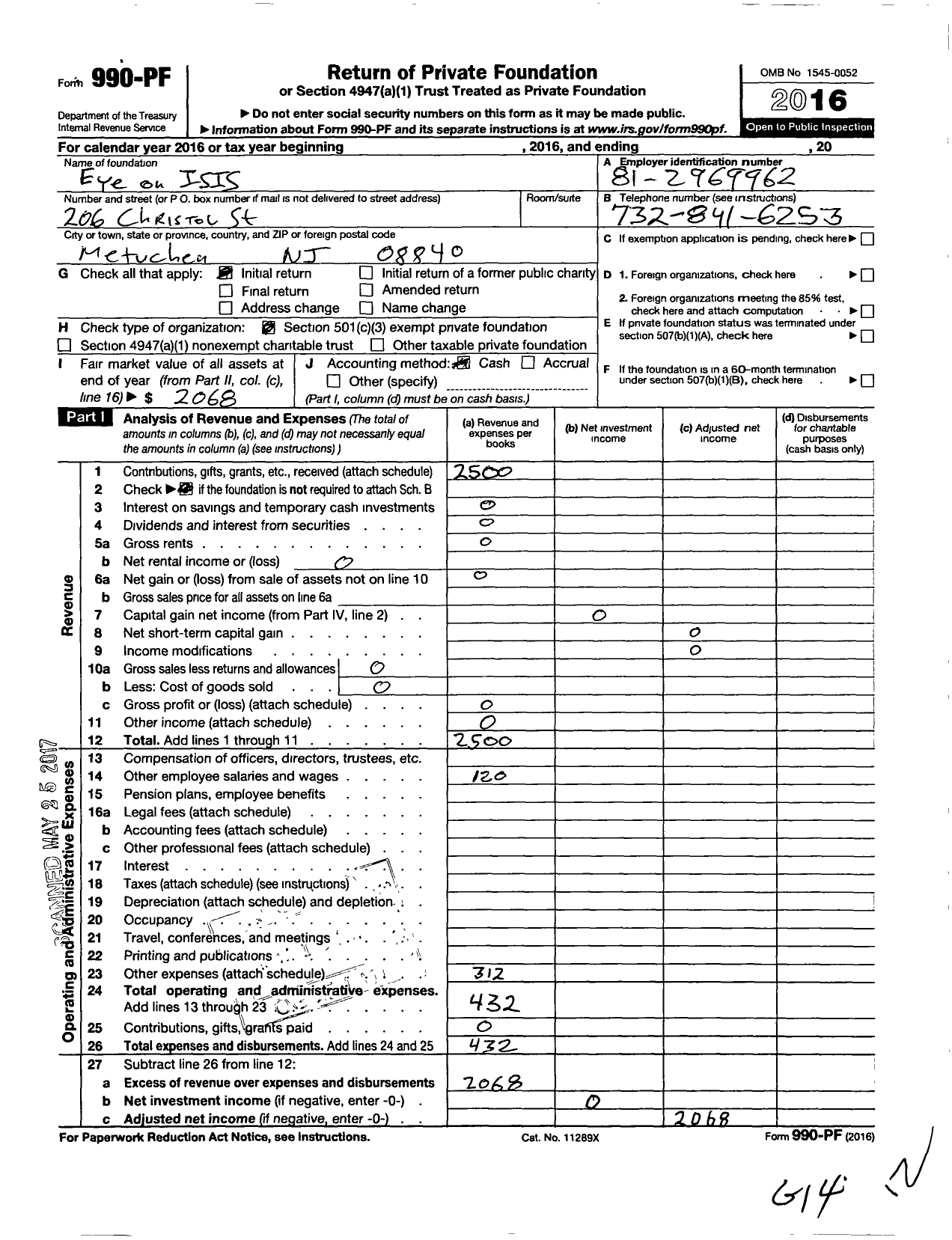 Image of first page of 2016 Form 990PF for Eye on Isis