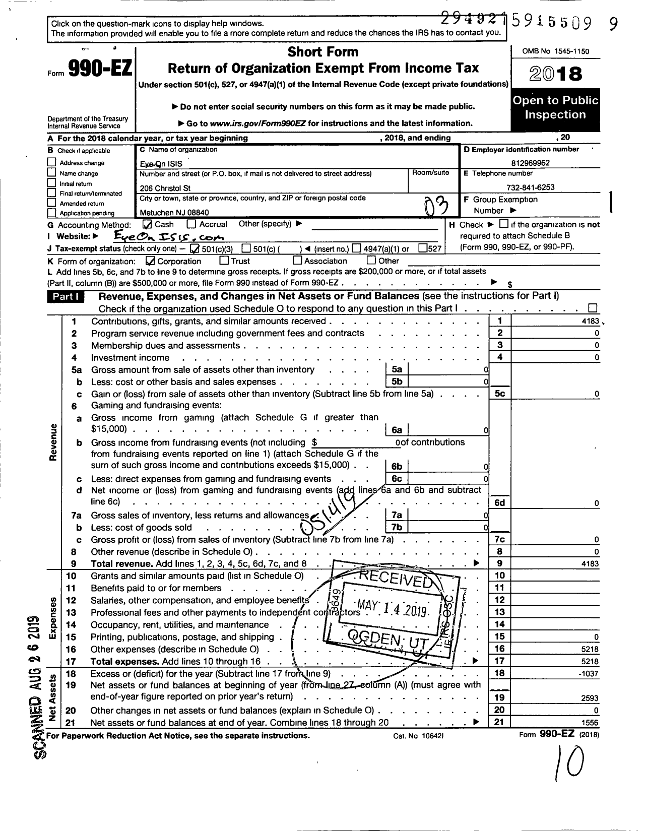 Image of first page of 2018 Form 990EZ for Eye on Isis