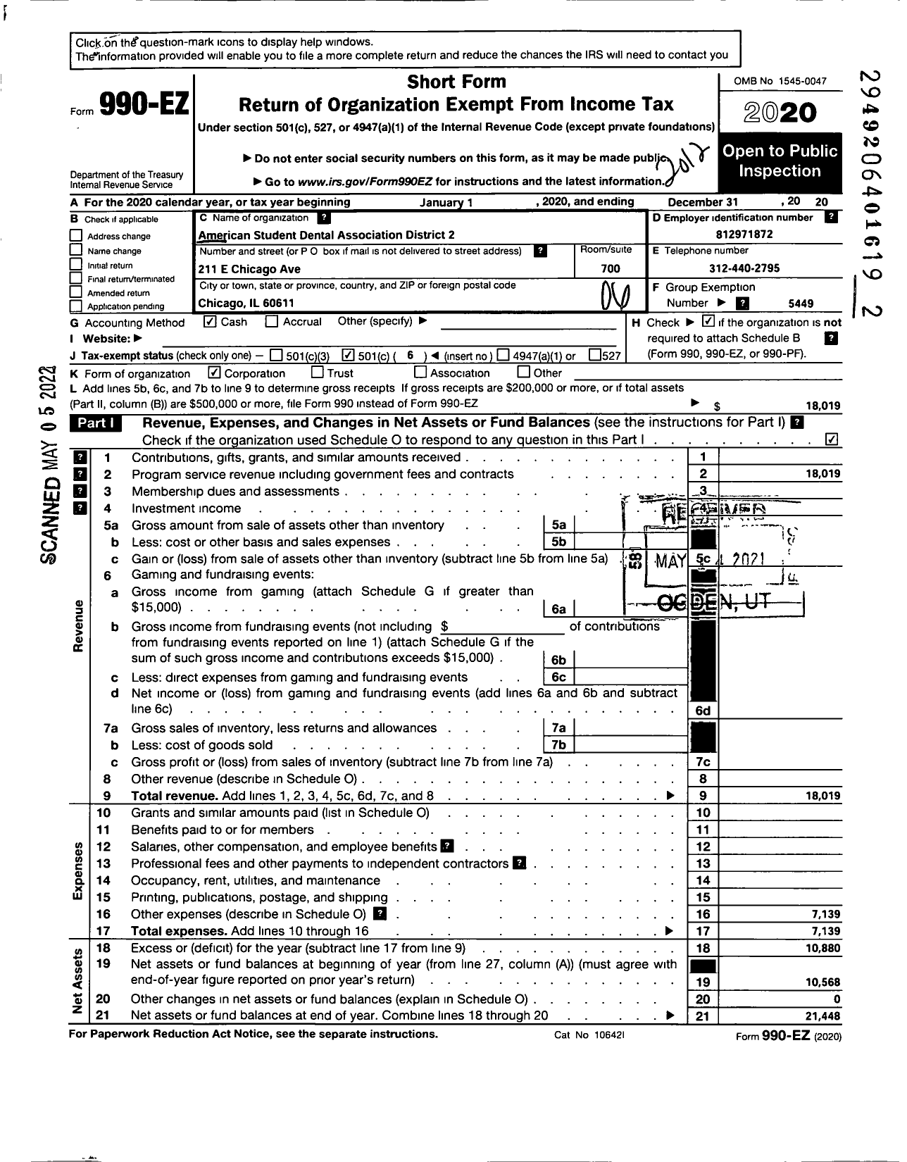 Image of first page of 2020 Form 990EO for AMERICAN STUDENT DENTAL ASSOCIATION - 2 District