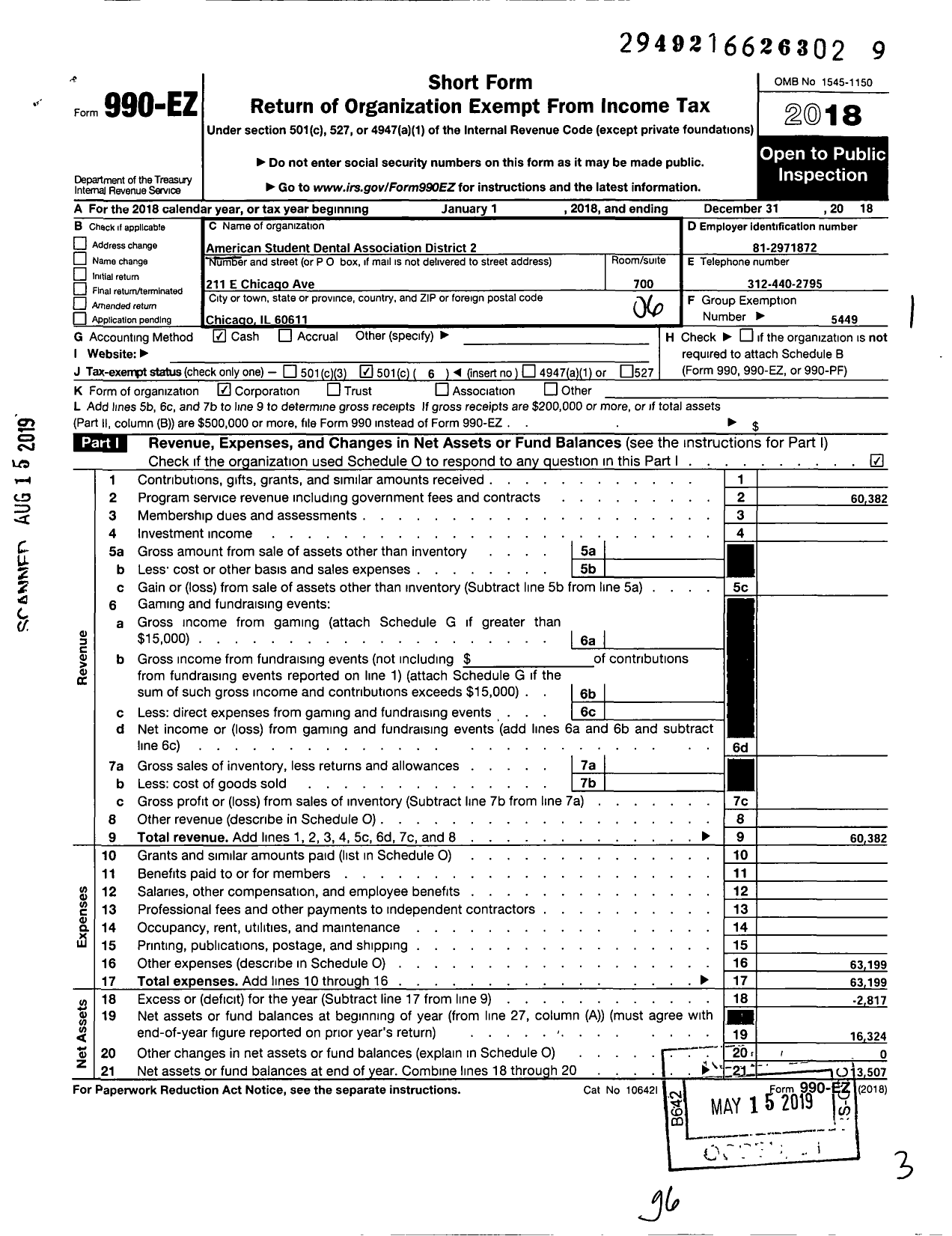 Image of first page of 2018 Form 990EO for AMERICAN STUDENT DENTAL ASSOCIATION - 2 District