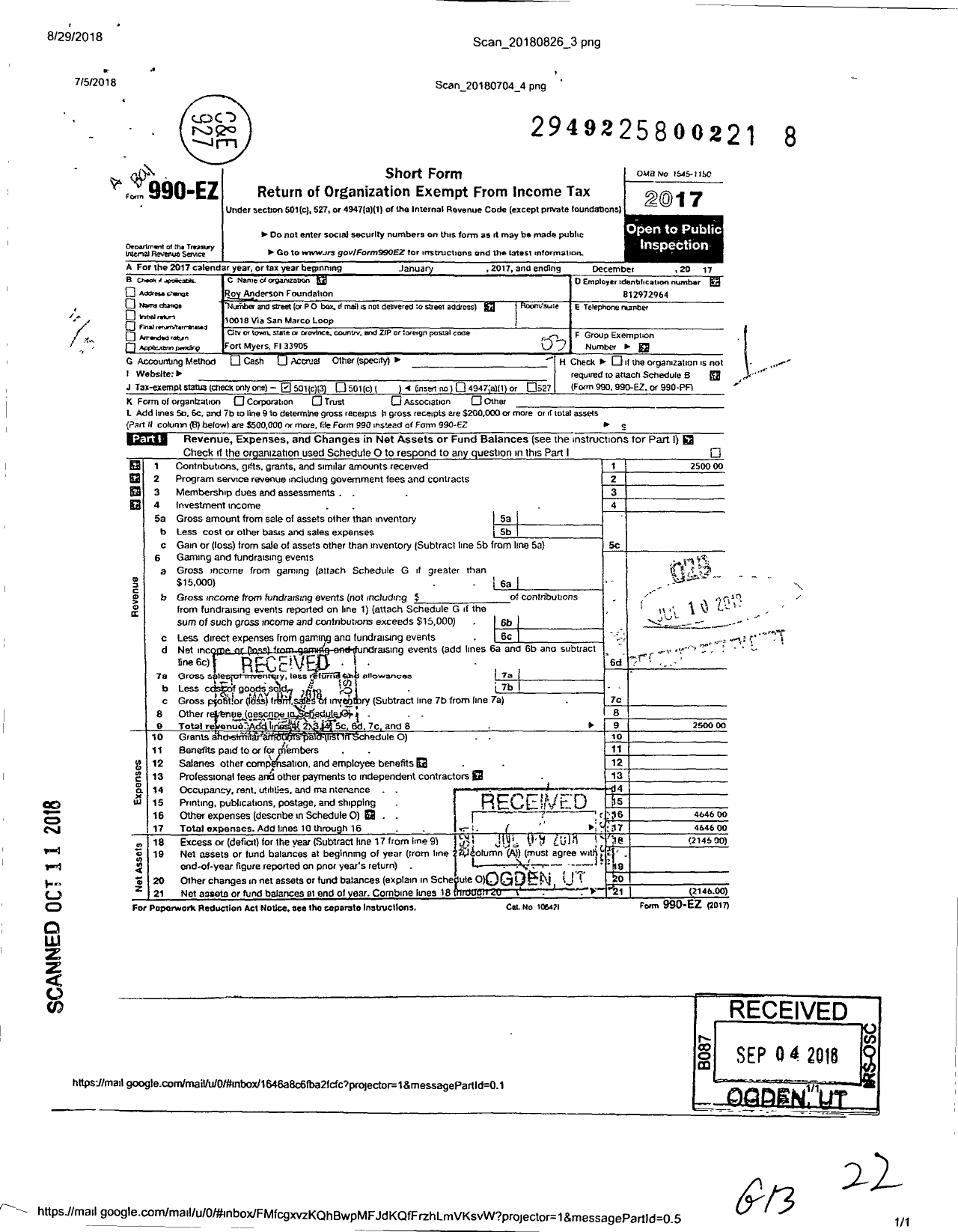 Image of first page of 2017 Form 990EZ for Roy Anderson