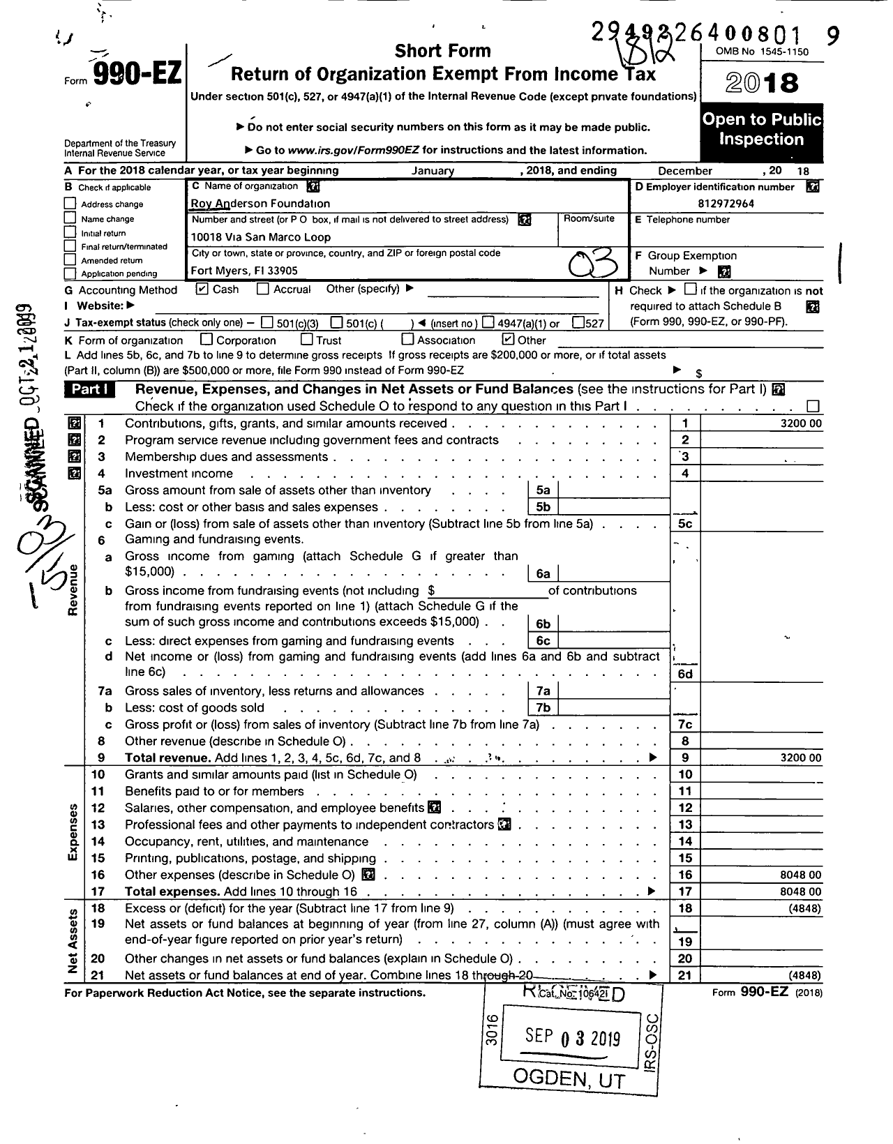 Image of first page of 2018 Form 990EZ for Roy Anderson