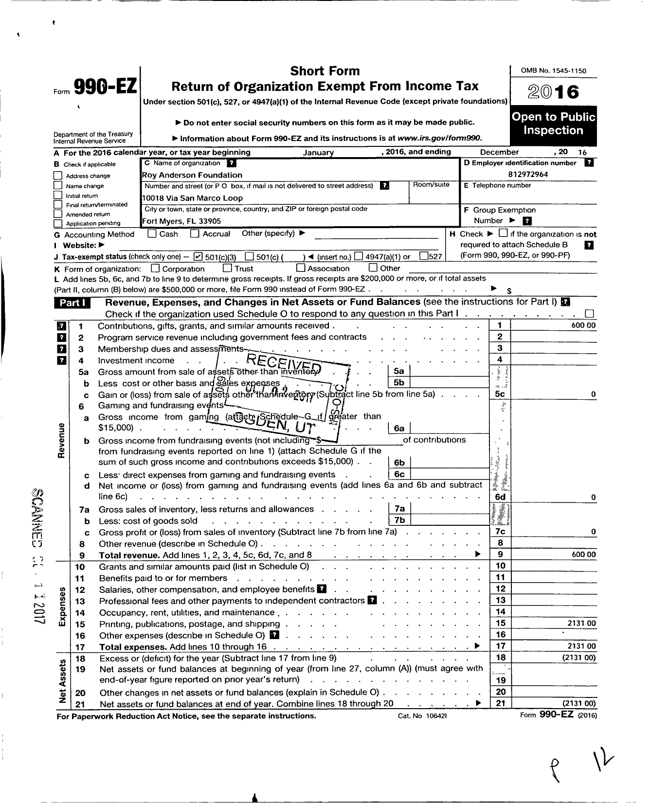 Image of first page of 2016 Form 990EZ for Roy Anderson