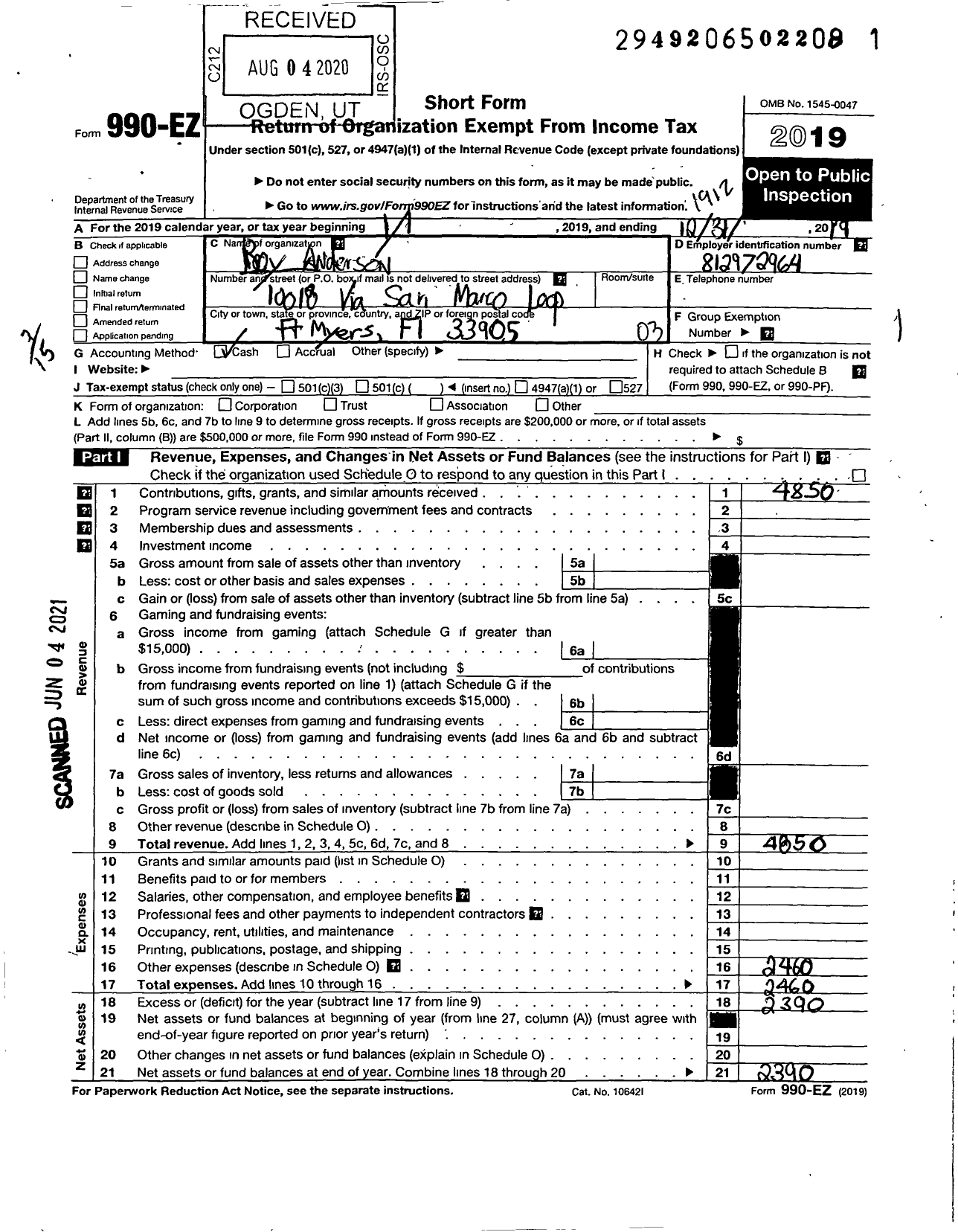 Image of first page of 2019 Form 990EZ for Roy Anderson