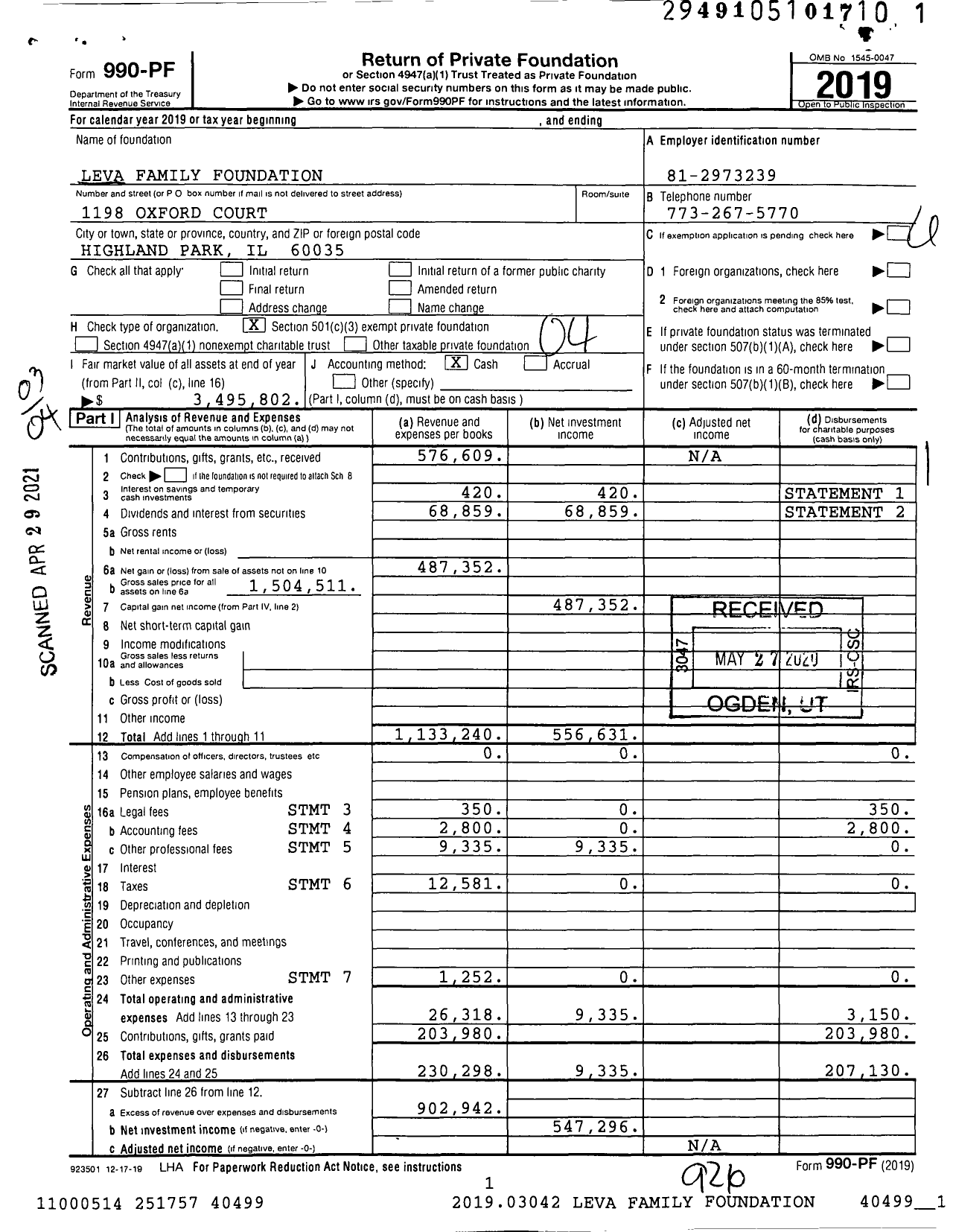 Image of first page of 2019 Form 990PF for Leva Family Foundation