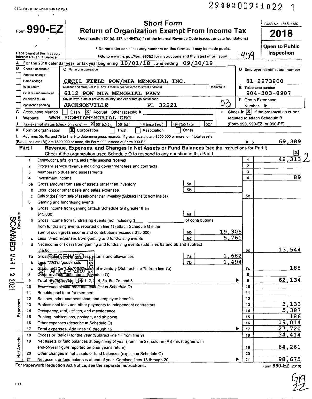 Image of first page of 2018 Form 990EZ for Cecil Field Pow Mia Memorial