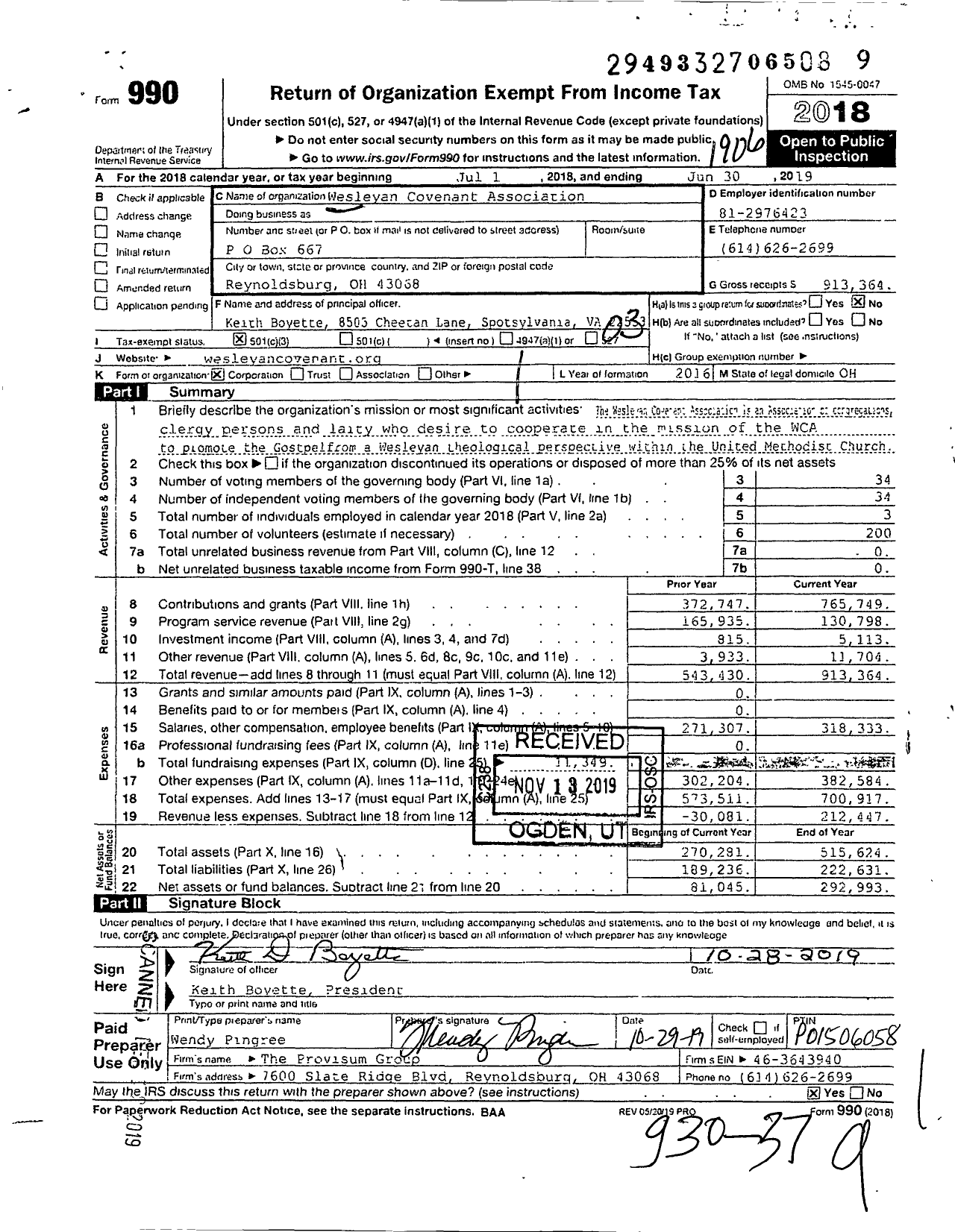 Image of first page of 2018 Form 990 for Wesleyan Covenant Association / James Therrell MBR