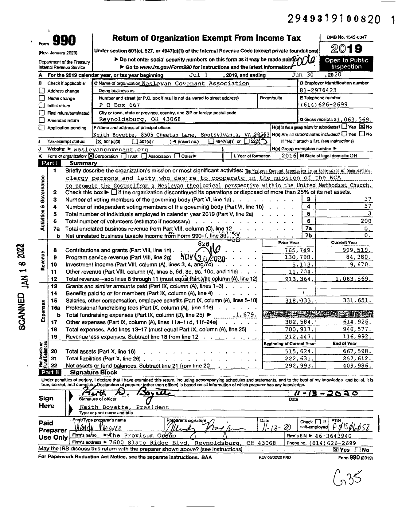 Image of first page of 2019 Form 990 for Wesleyan Covenant Association / James Therrell MBR