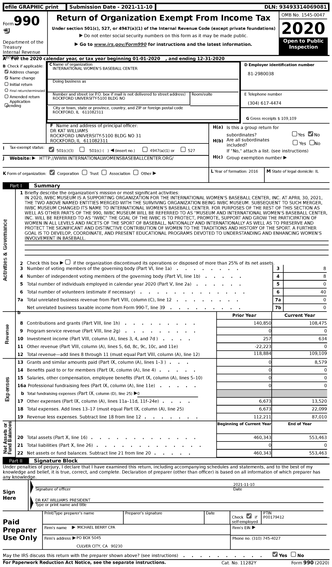 Image of first page of 2020 Form 990 for International Women's Baseball Center