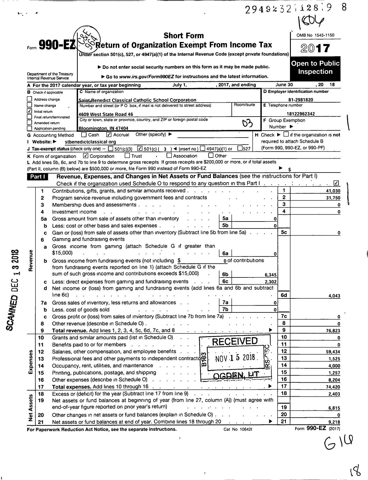 Image of first page of 2017 Form 990EZ for Saint Benedict Classical Catholic School Corporation