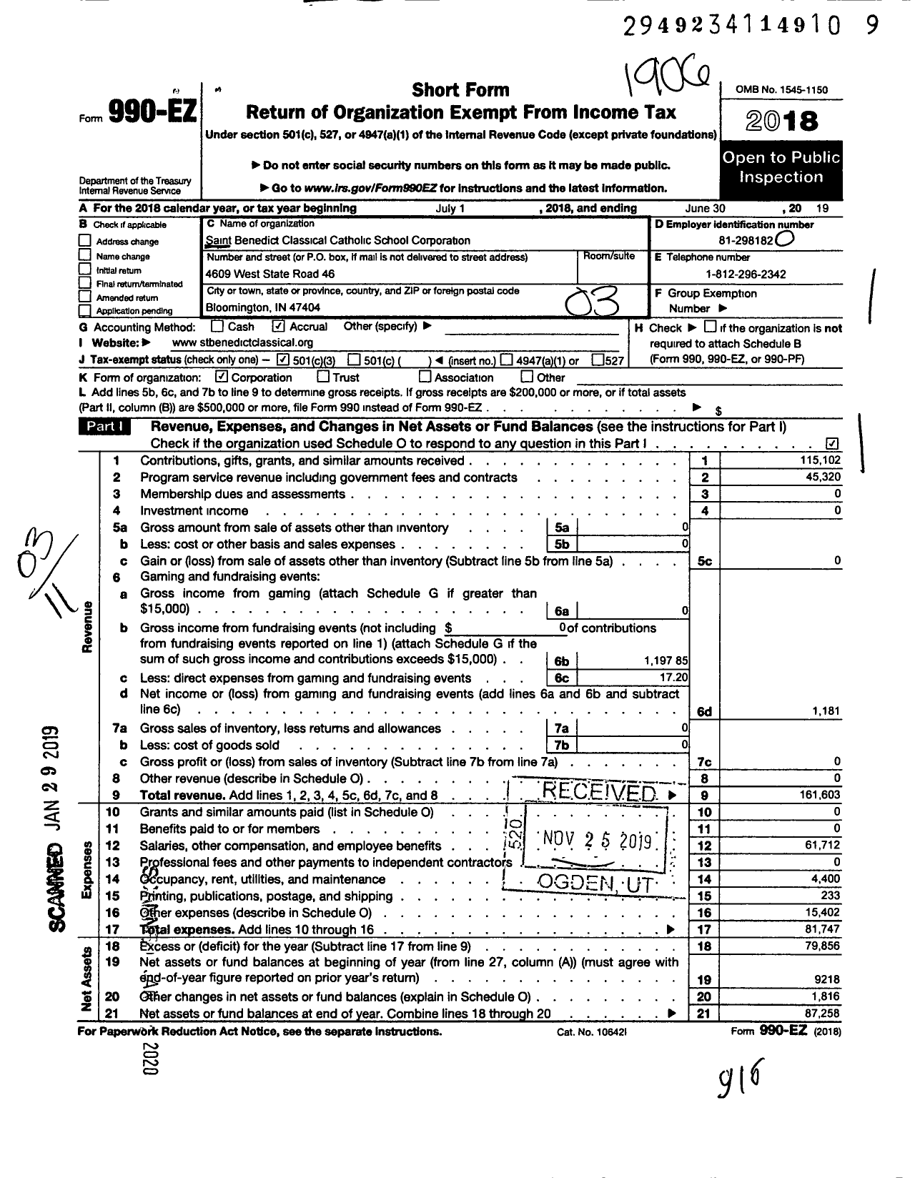 Image of first page of 2018 Form 990EZ for Saint Benedict Classical Catholic School Corporation