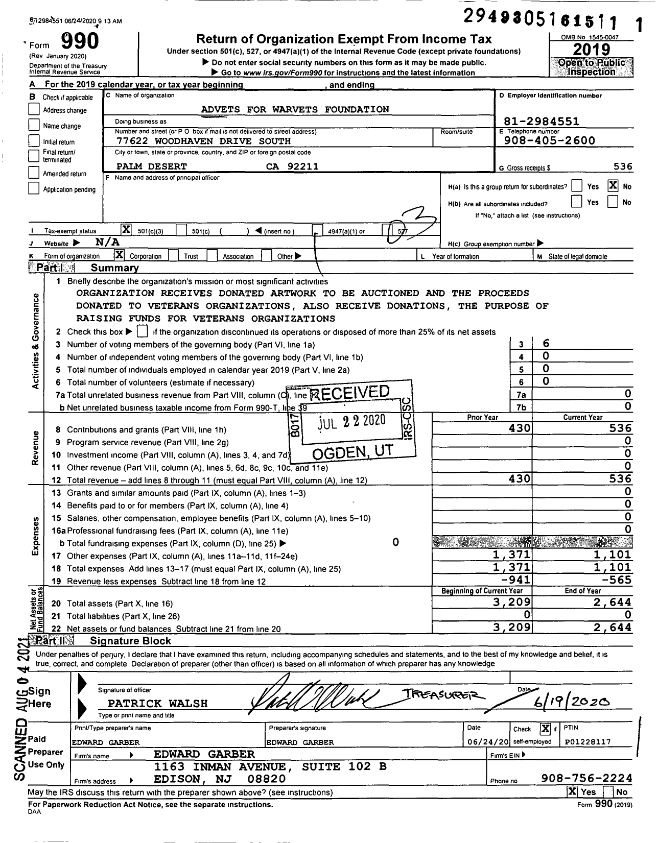 Image of first page of 2019 Form 990 for Advets for Warvets Foundation