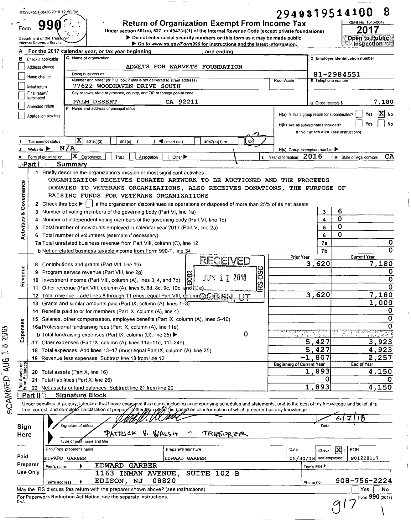 Image of first page of 2017 Form 990 for Advets for Warvets Foundation