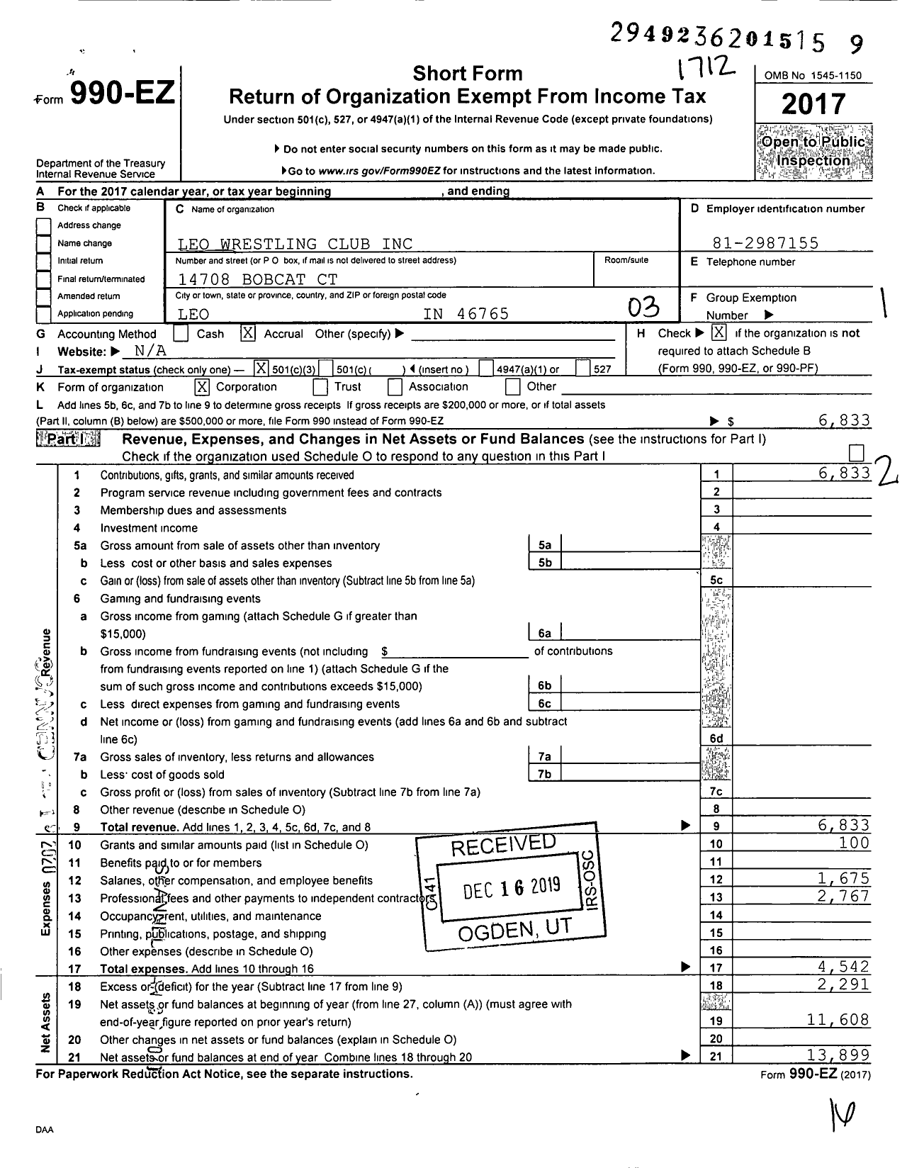 Image of first page of 2017 Form 990EZ for Leo Wrestling Club