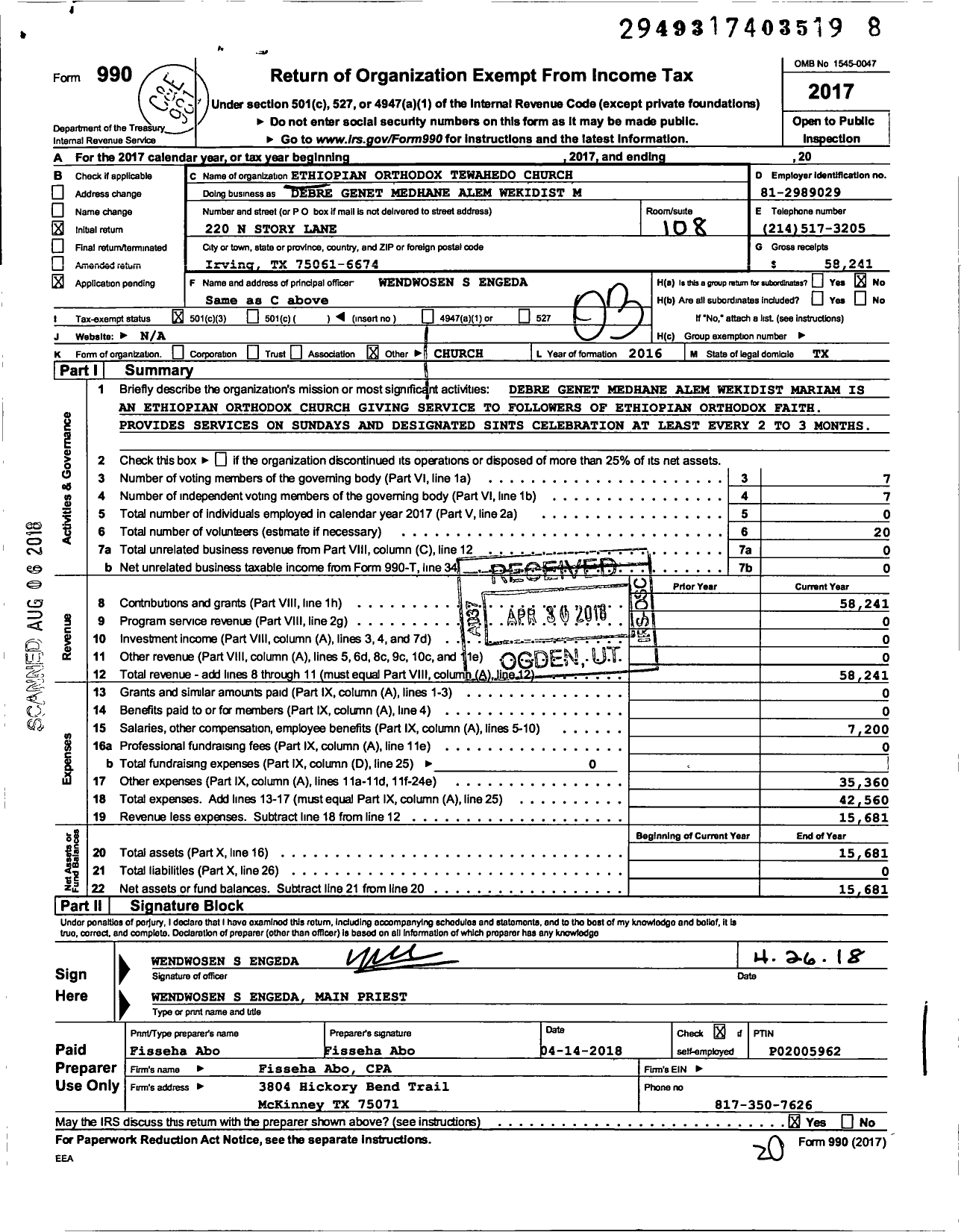 Image of first page of 2017 Form 990 for Ethiopan Orthodox Tewahedo Chu Debre Genet Medhane Alem Wekidist