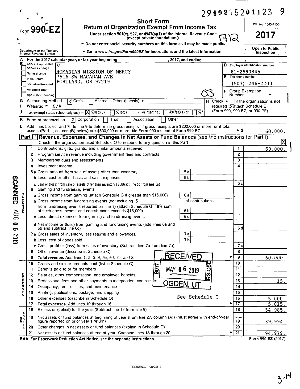 Image of first page of 2017 Form 990EZ for Romanian Mission of Mercy