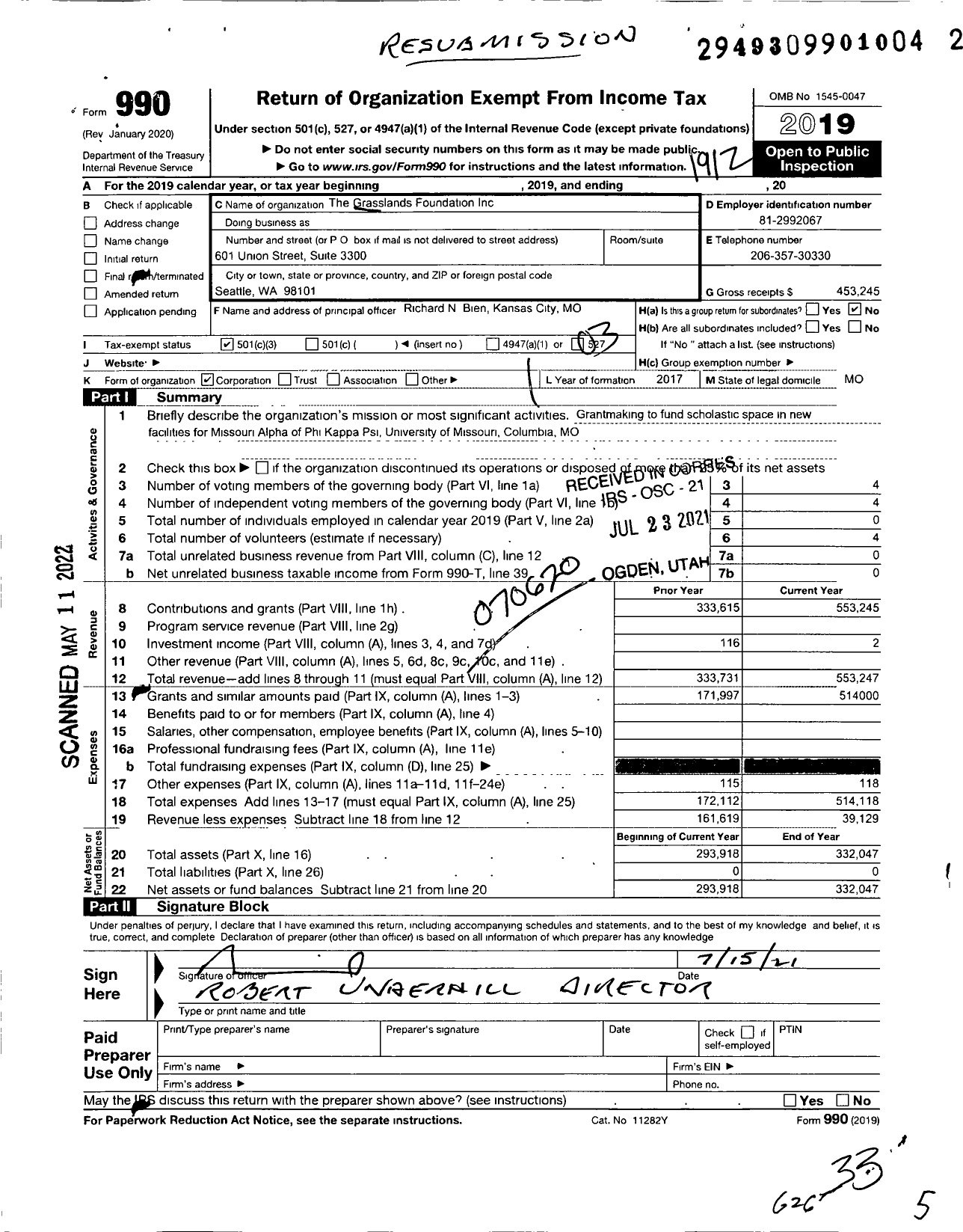 Image of first page of 2019 Form 990 for Grasslands Foundation