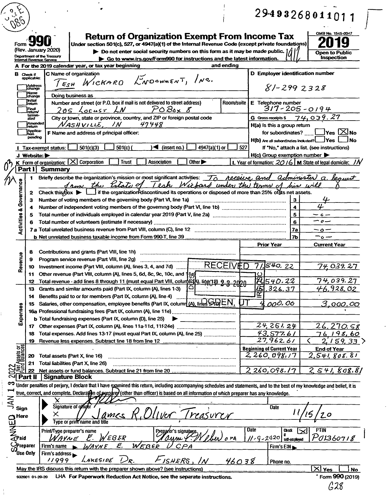 Image of first page of 2019 Form 990 for Tesh Wickard Endowment