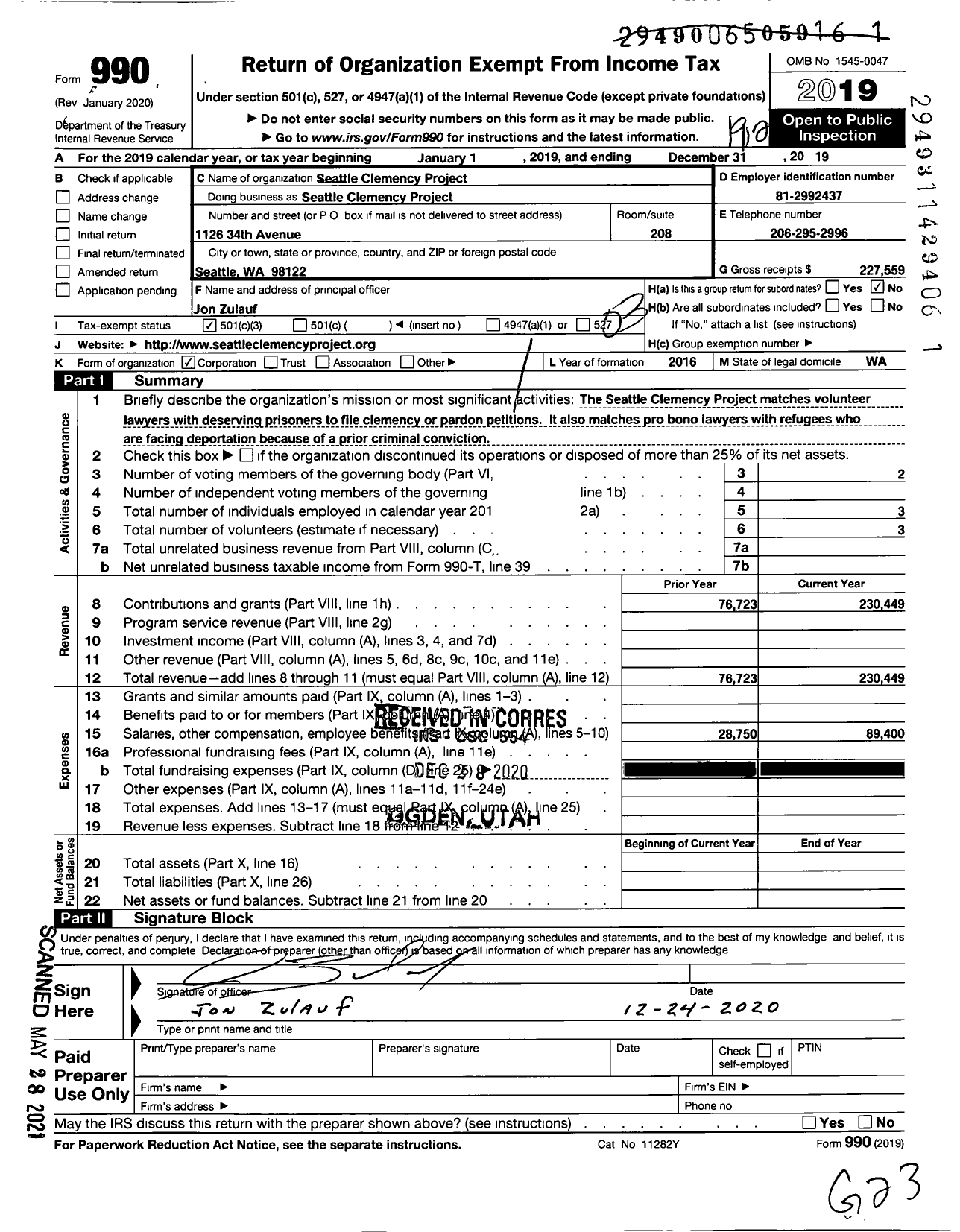 Image of first page of 2019 Form 990 for Seattle Clemency Project