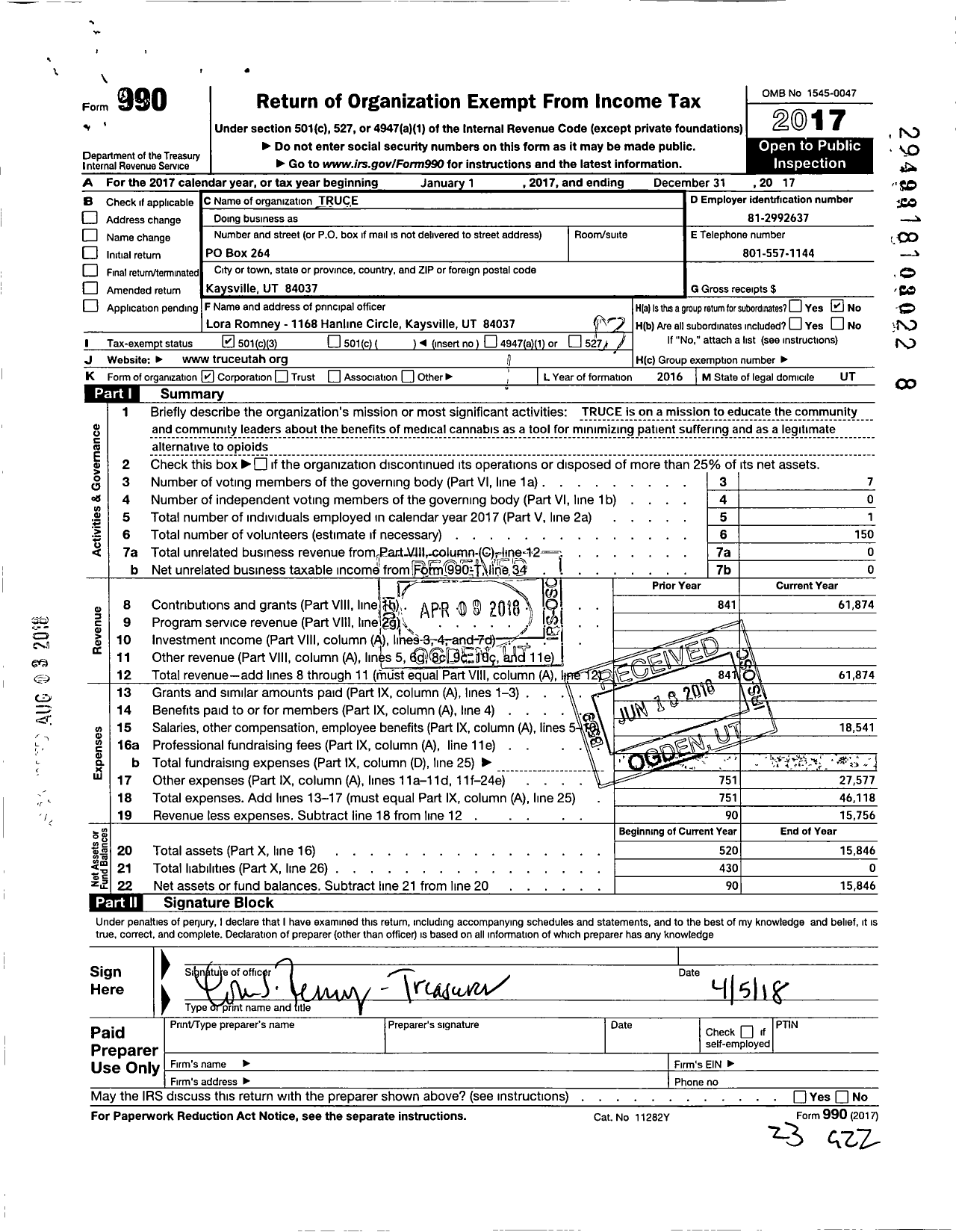 Image of first page of 2017 Form 990 for Truce