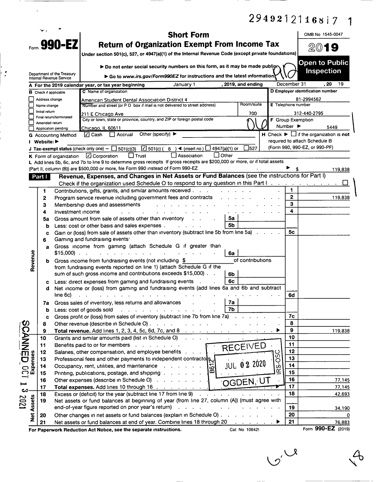 Image of first page of 2019 Form 990EO for AMERICAN STUDENT DENTAL ASSOCIATION - 4 District