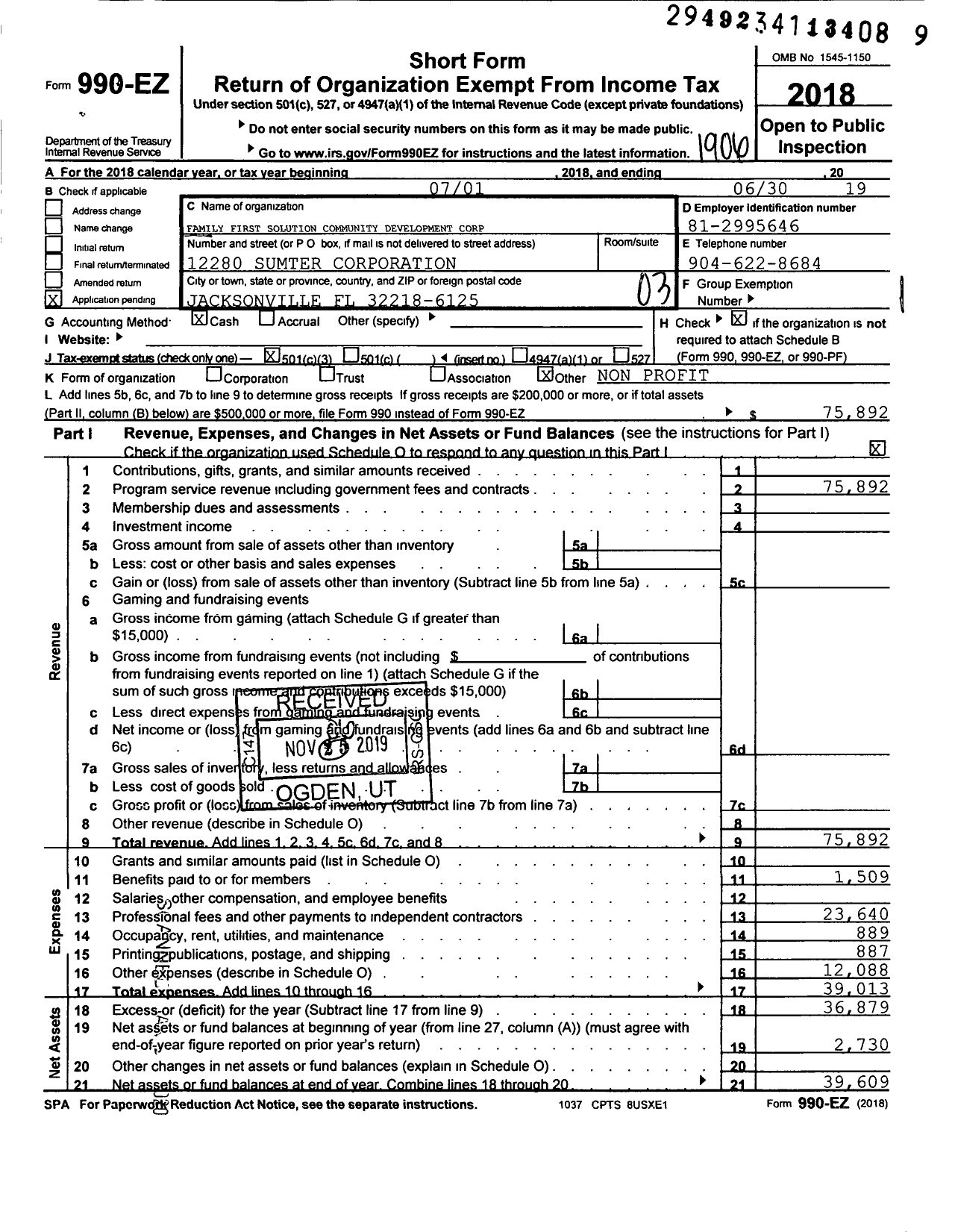 Image of first page of 2018 Form 990EZ for Family First Solution Community Development Corp