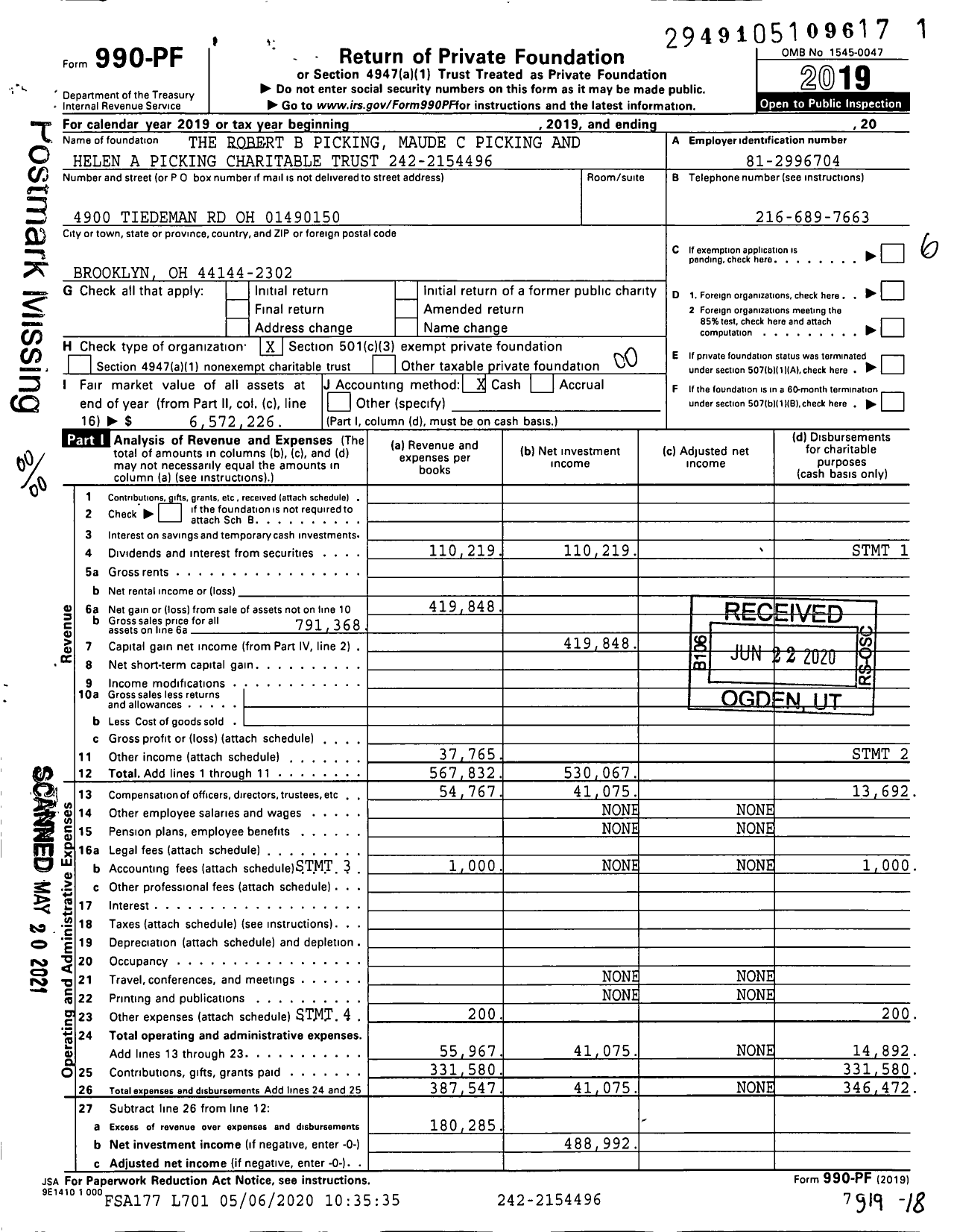 Image of first page of 2019 Form 990PF for The Robert B Picking Maude C Picking and Helen