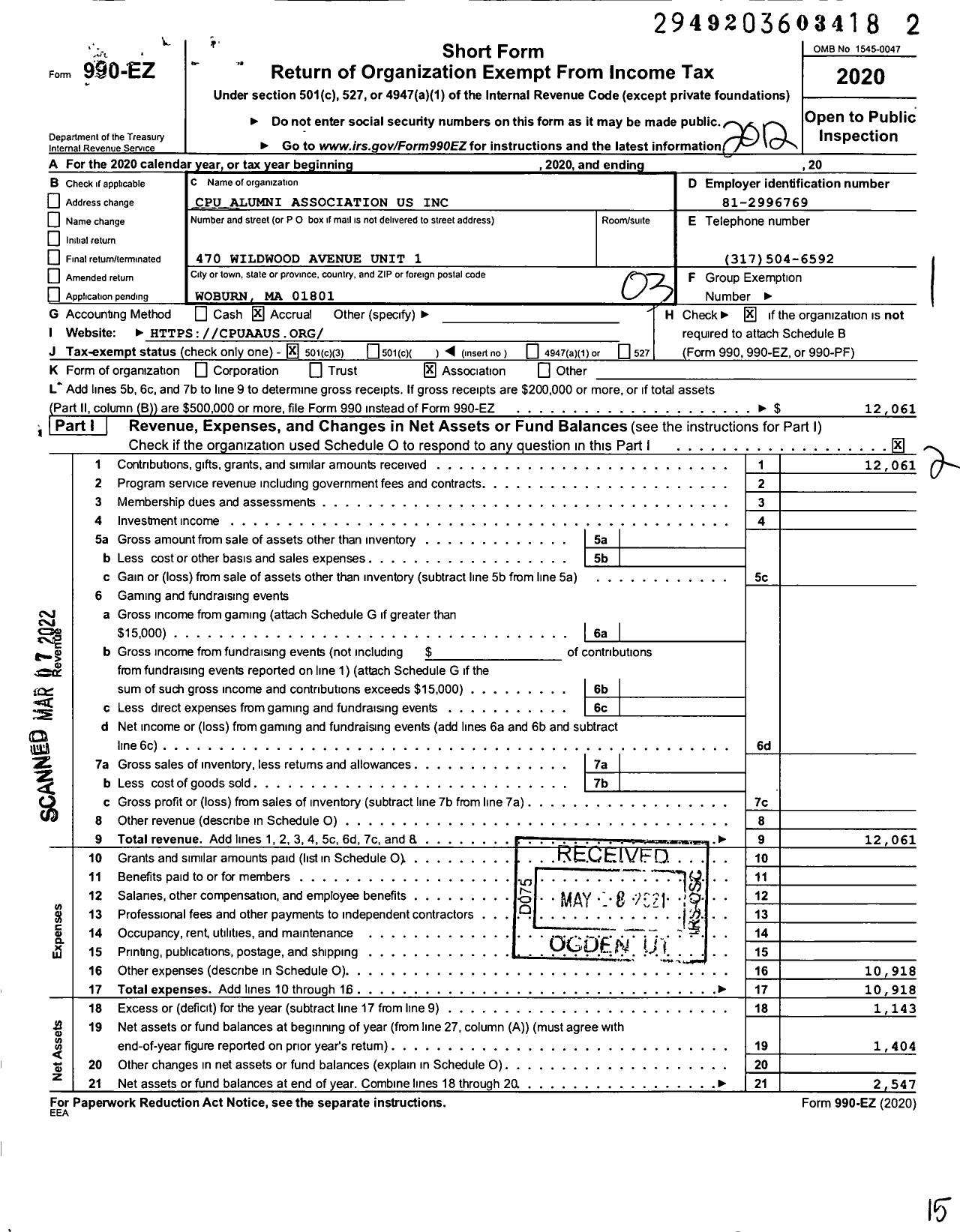 Image of first page of 2020 Form 990EZ for Cpu Alumni Association Us