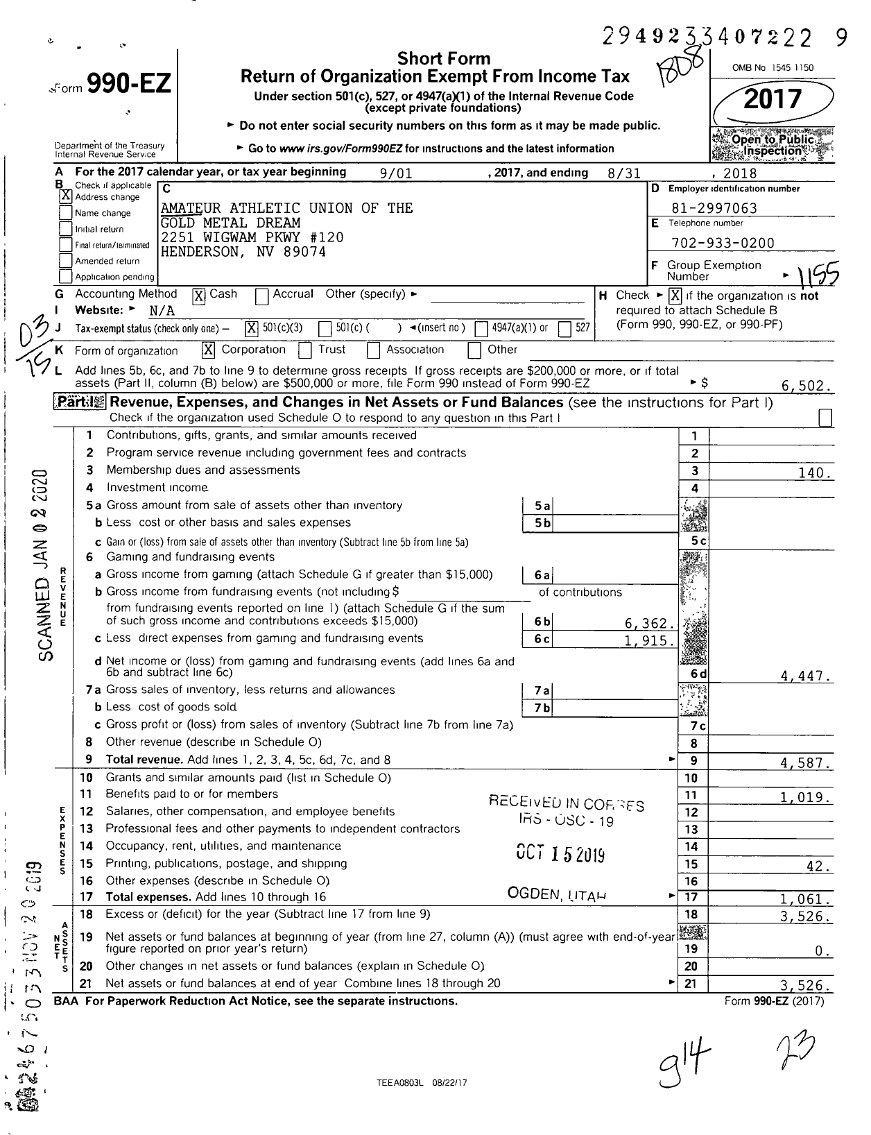 Image of first page of 2017 Form 990EZ for Amateur Athletic Union - Gold Medal Dreams