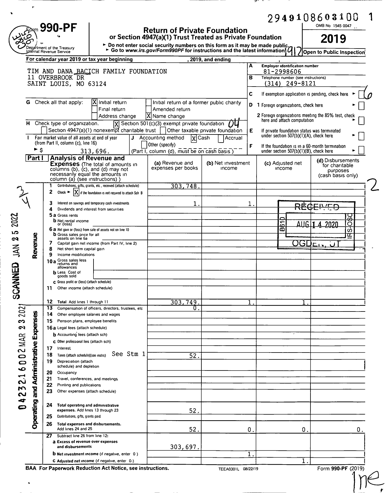 Image of first page of 2019 Form 990PF for Tim and Dana Bacich Family Foundation