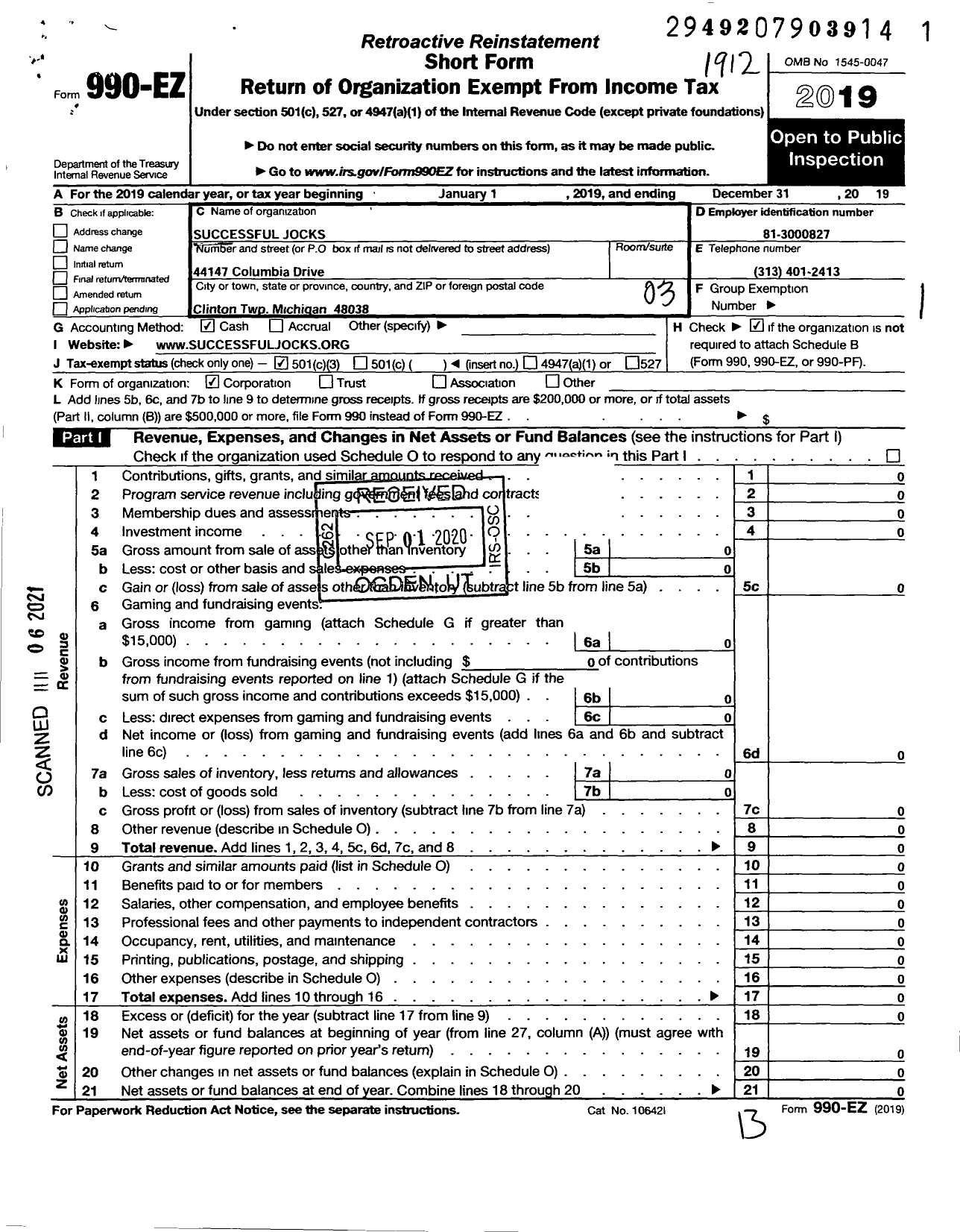 Image of first page of 2019 Form 990EZ for Successful Jocks