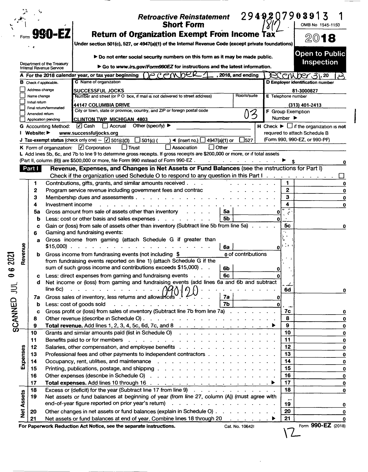 Image of first page of 2018 Form 990EZ for Successful Jocks